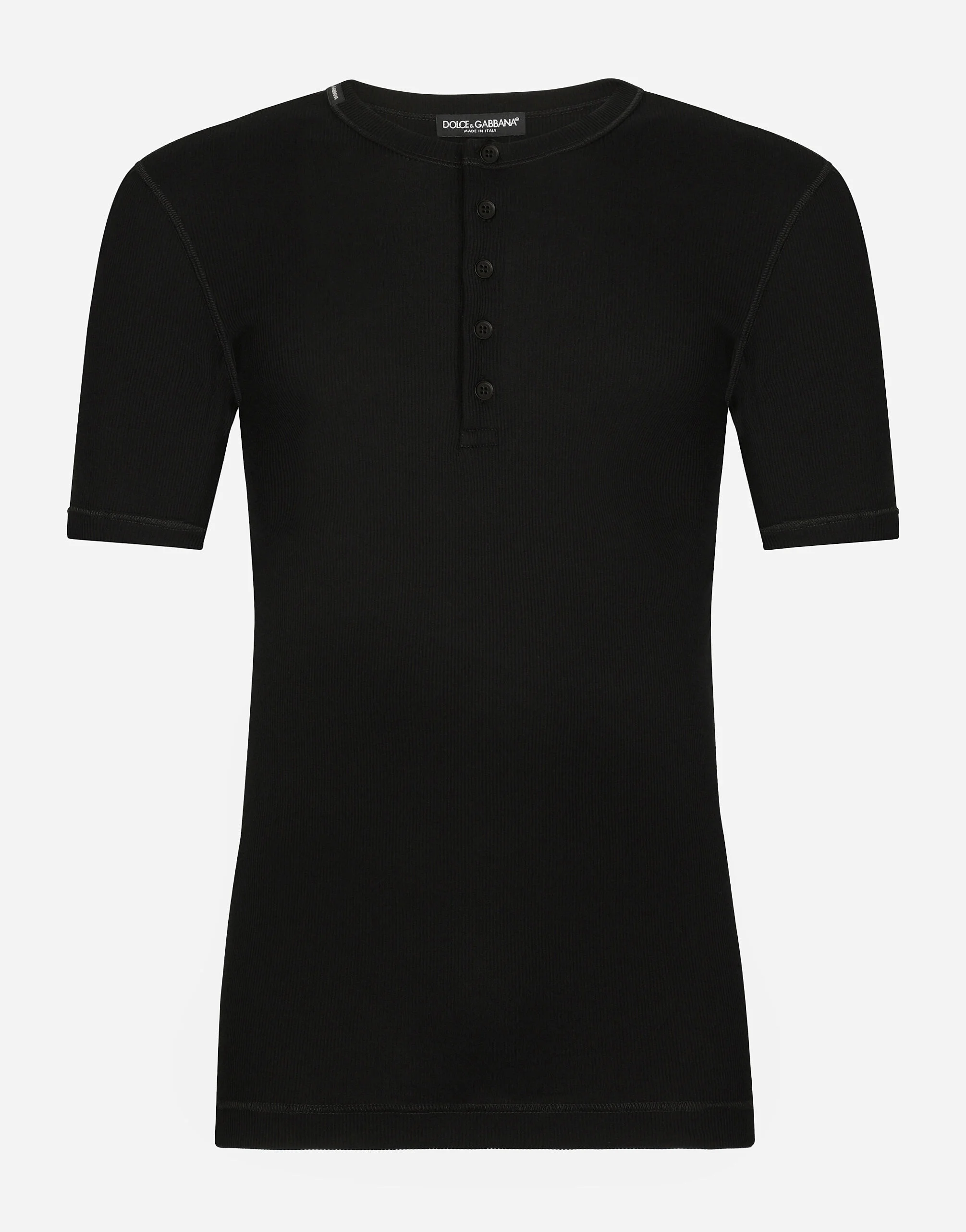 Fine-rib cotton granddad-neck T-shirt - 1