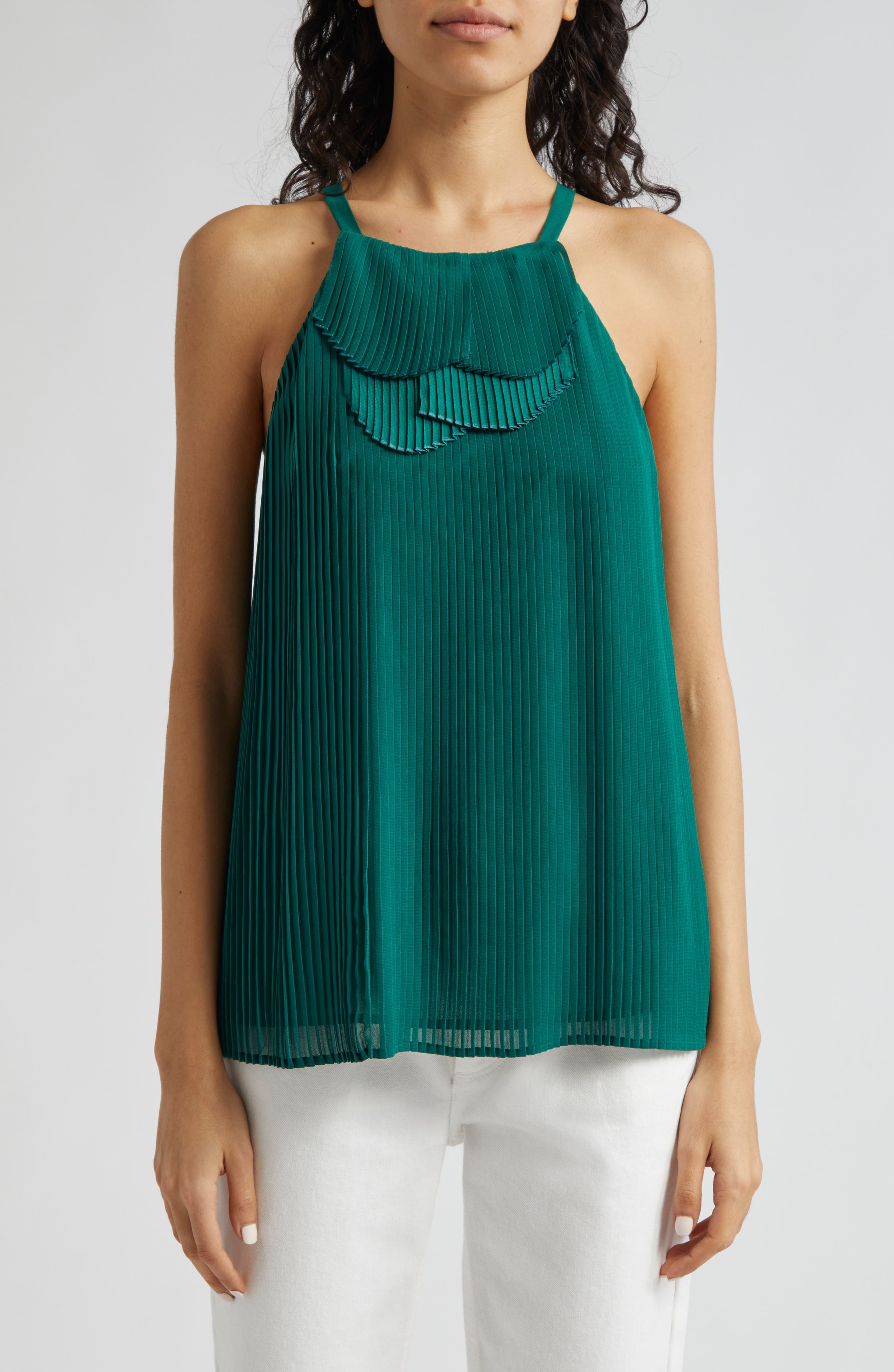 Emporio Armani Pleated Ruffle Sleeveless Top in Solid Medium Green at Nordstrom - 1