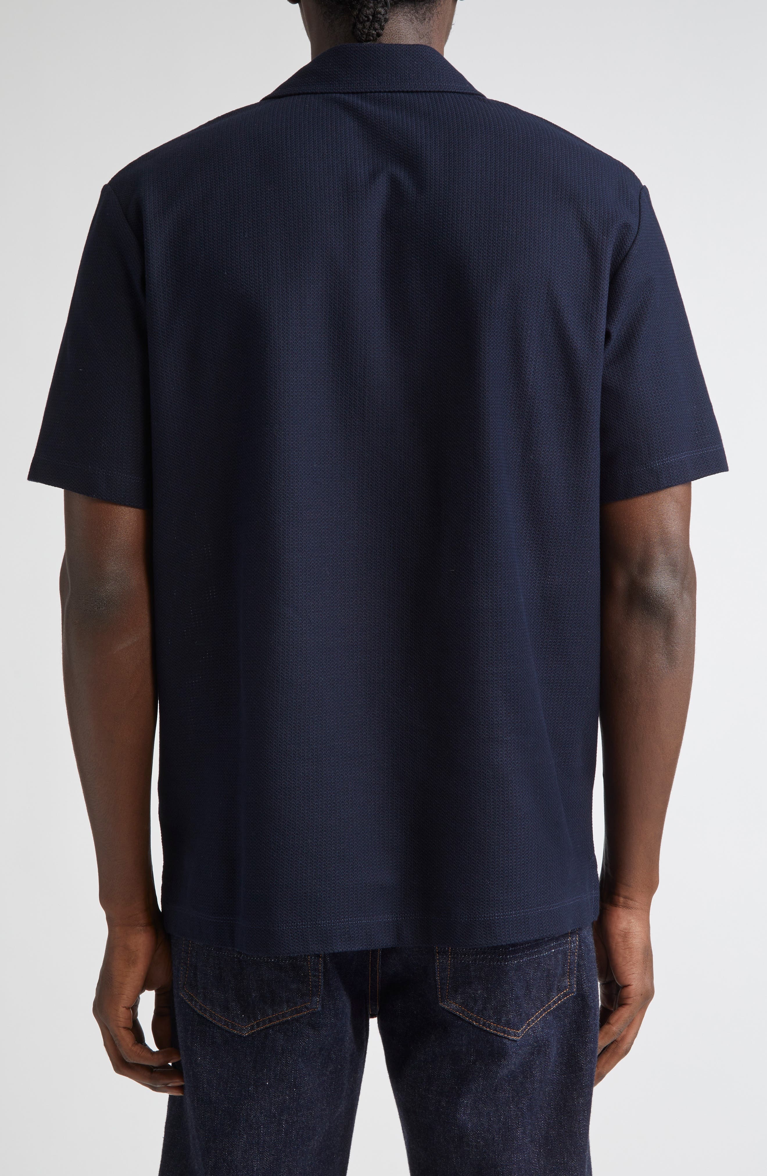 Sunspel Short Sleeve Textured Jersey Button-Up Shirt in Midnight Navy at Nordstrom - 2