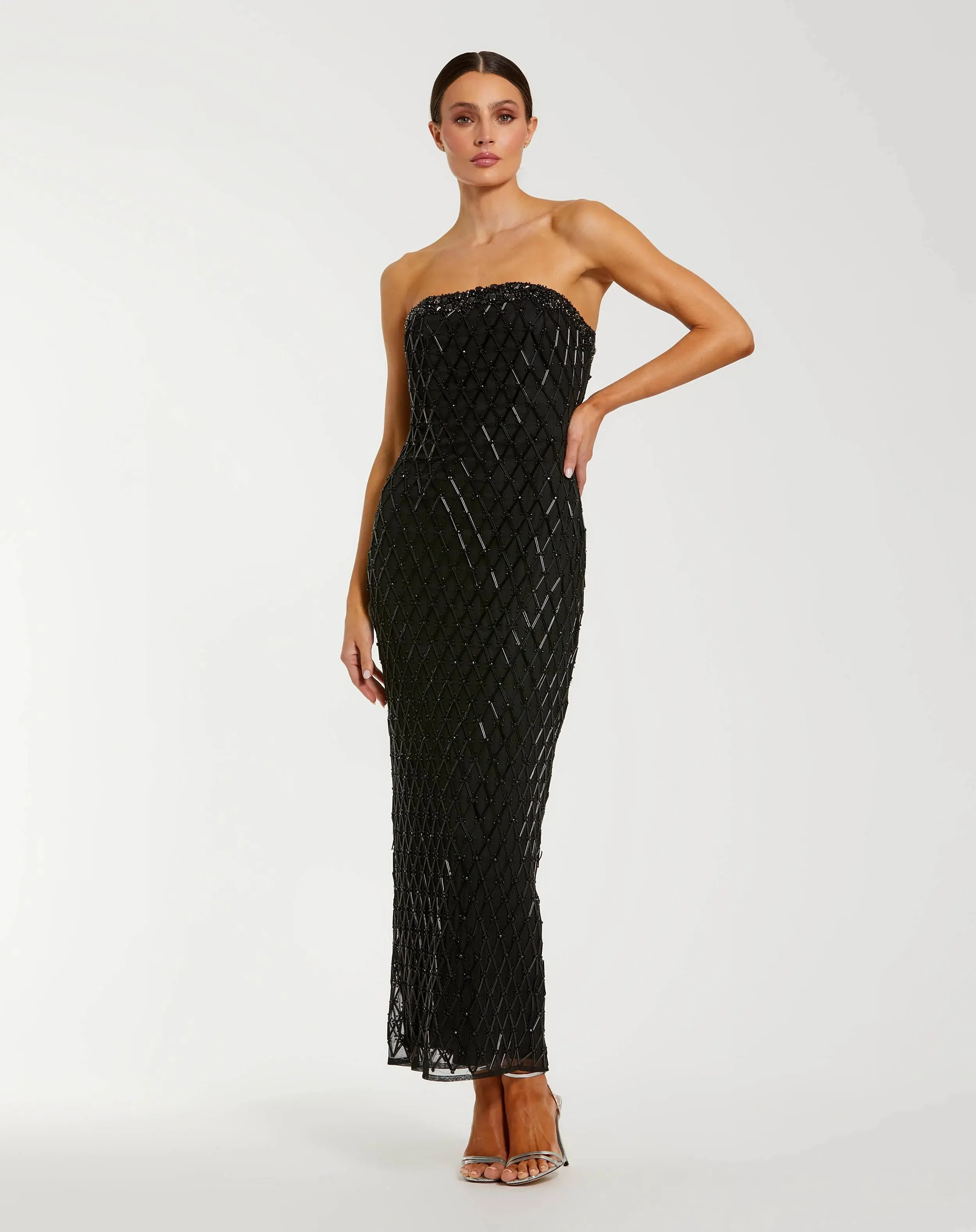 Black Strapless Embellished Column Dress - 1