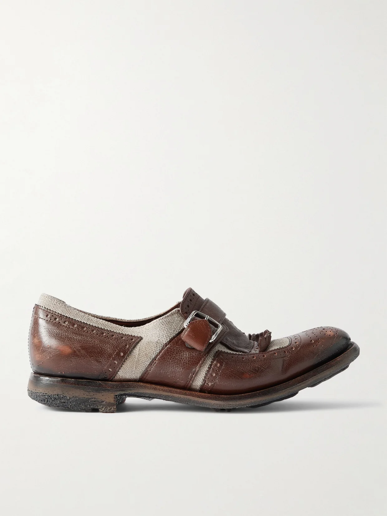 Shanghai Distressed Leather And Canvas Brogues - 1