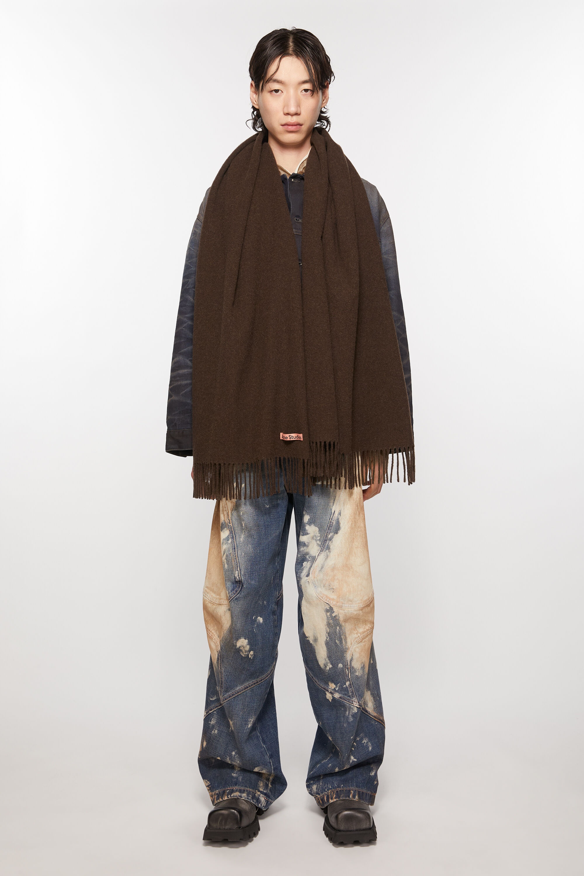 Fringe wool scarf - oversized - Brown melange - 3
