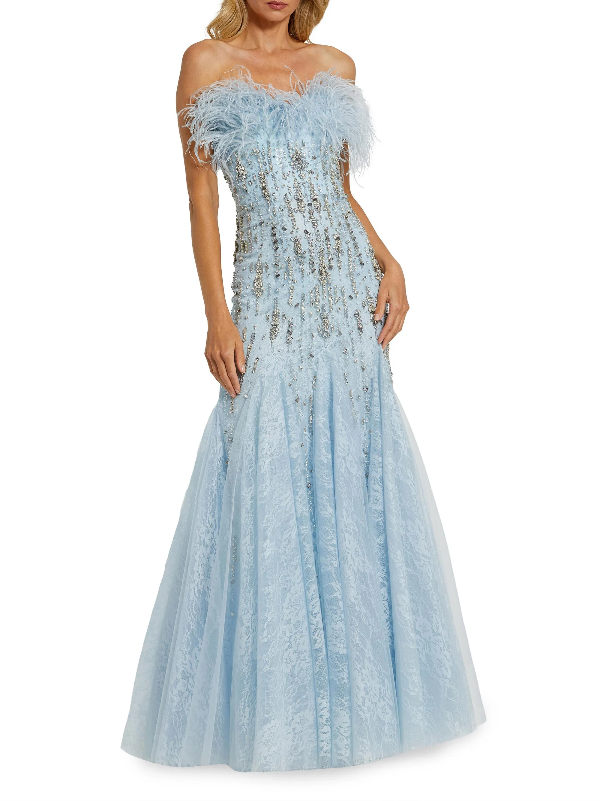Women's Evening Feather Strapless Gown - Powder Blue - 1
