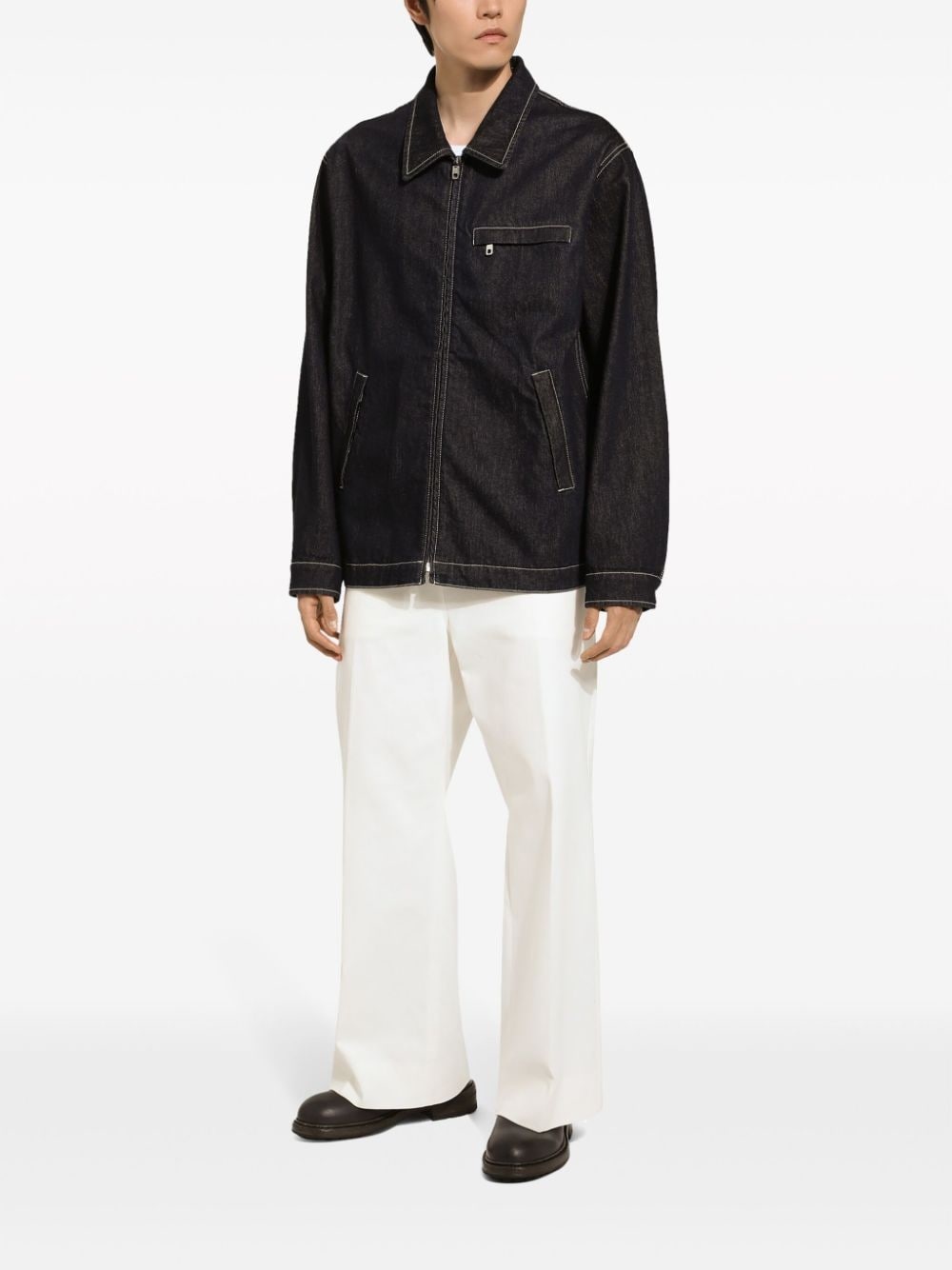 contrast-stitch zip-up denim jacket - 3
