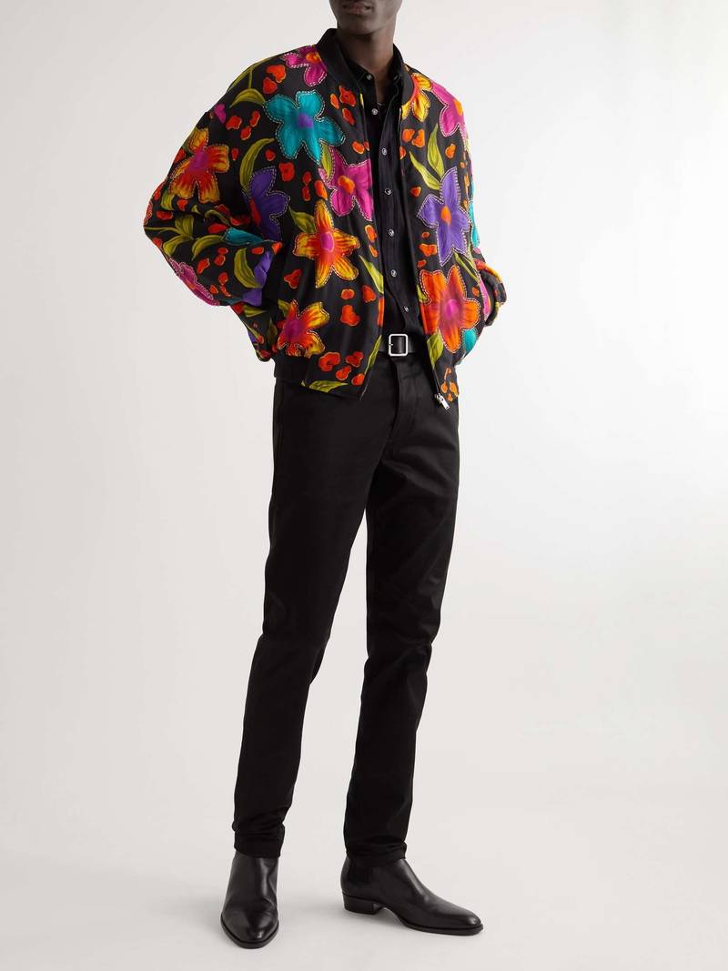 SAINT LAURENT Embellished Floral-Print Crepe Bomber Jacket outlook