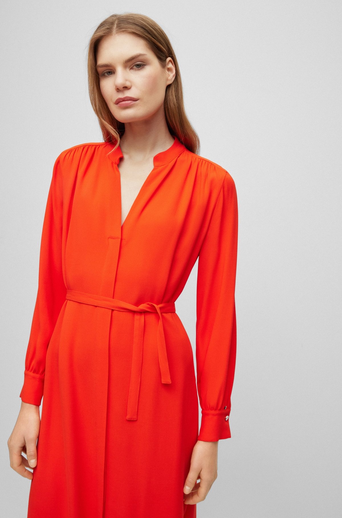 BELTED DRESS WITH COLLARLESS V NECKLINE AND BUTTON CUFFS - 5