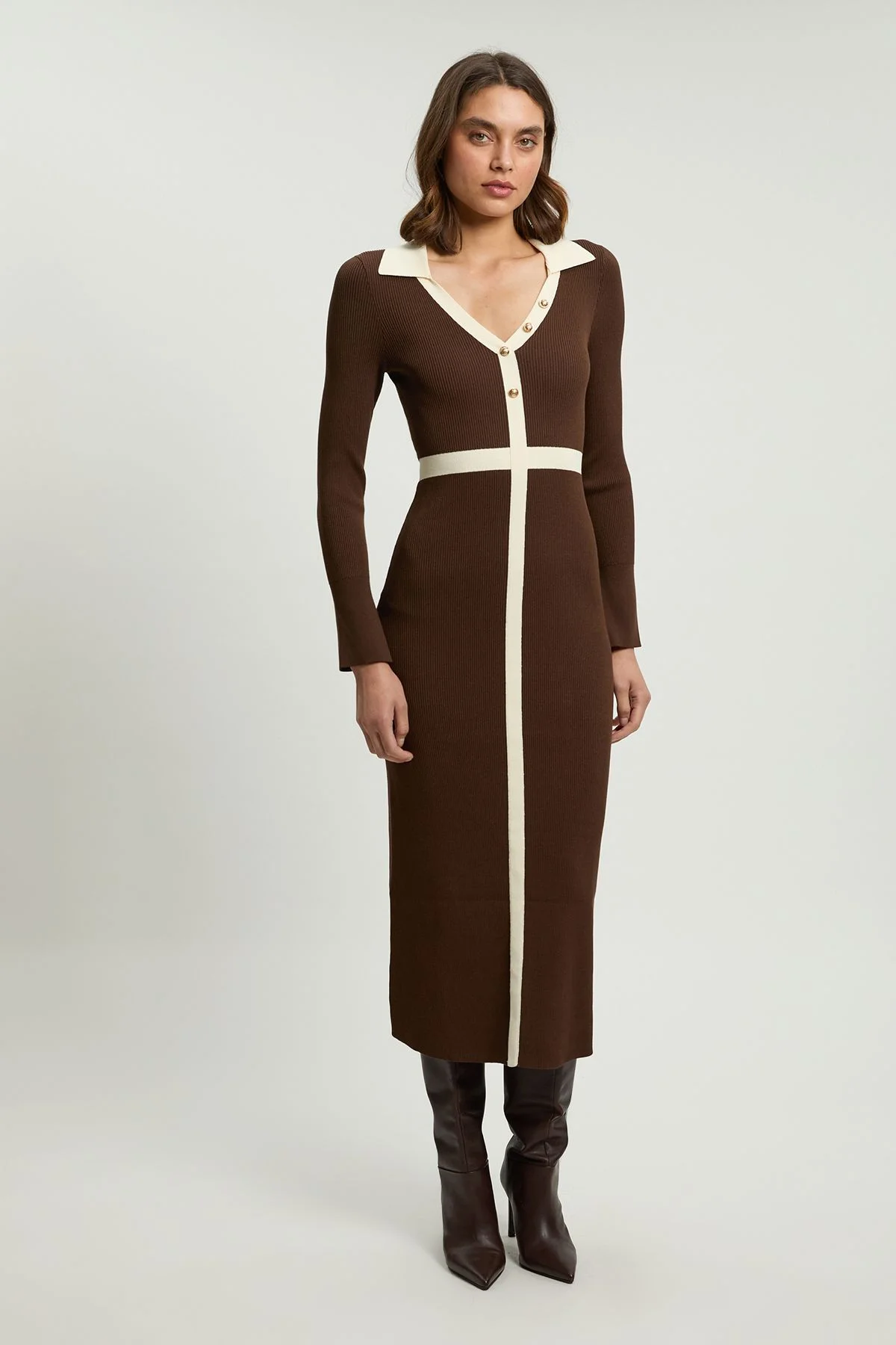 Knit Rib With Contrast Waist Detail Collared Midi Dress - 1