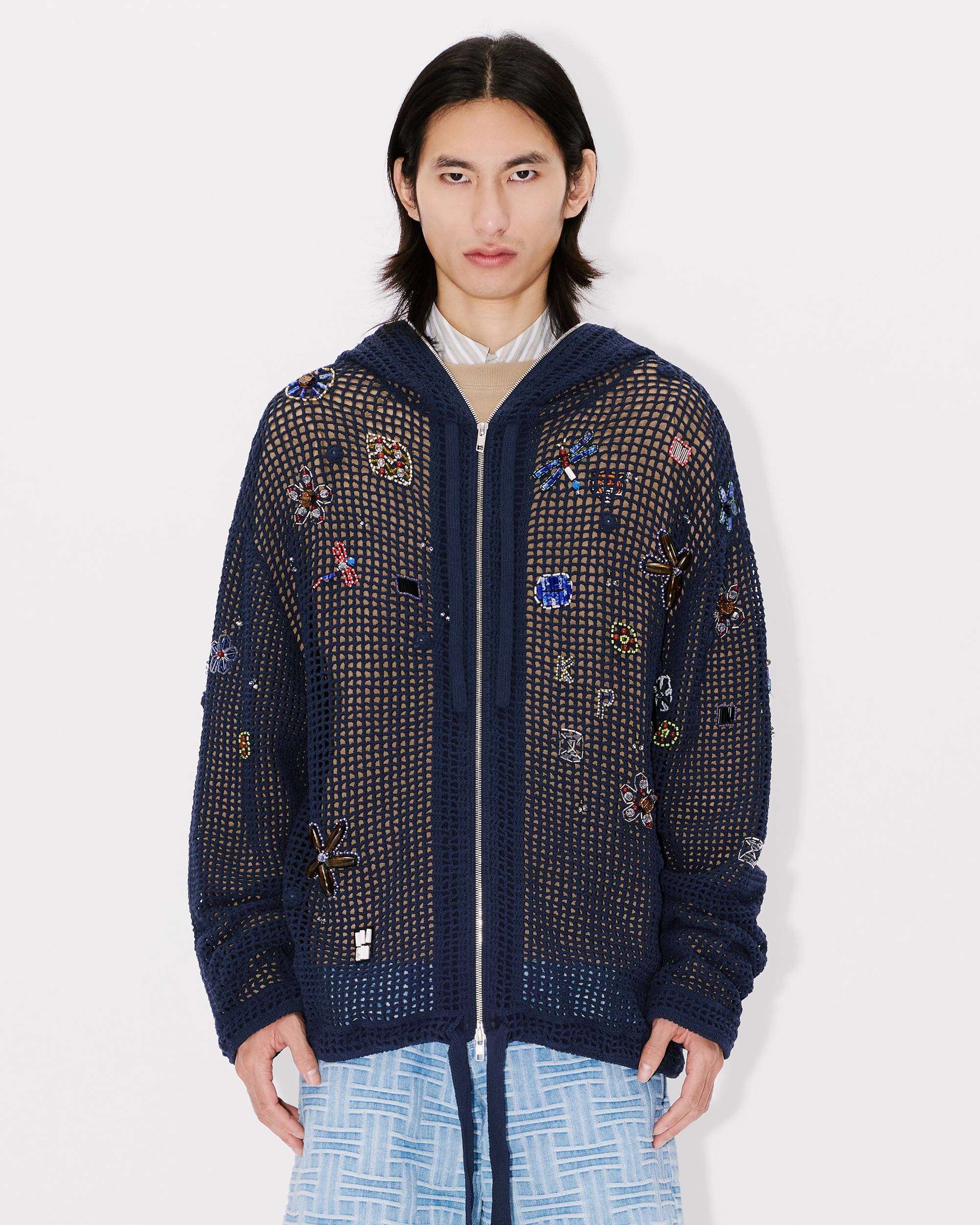 Oversized embroidered zip-up knitted hooded sweatshirt in cotton mesh - 5
