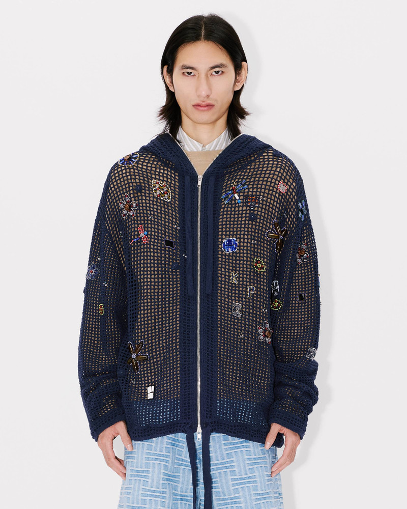 Oversized embroidered zip-up knitted hooded sweatshirt in cotton mesh 5