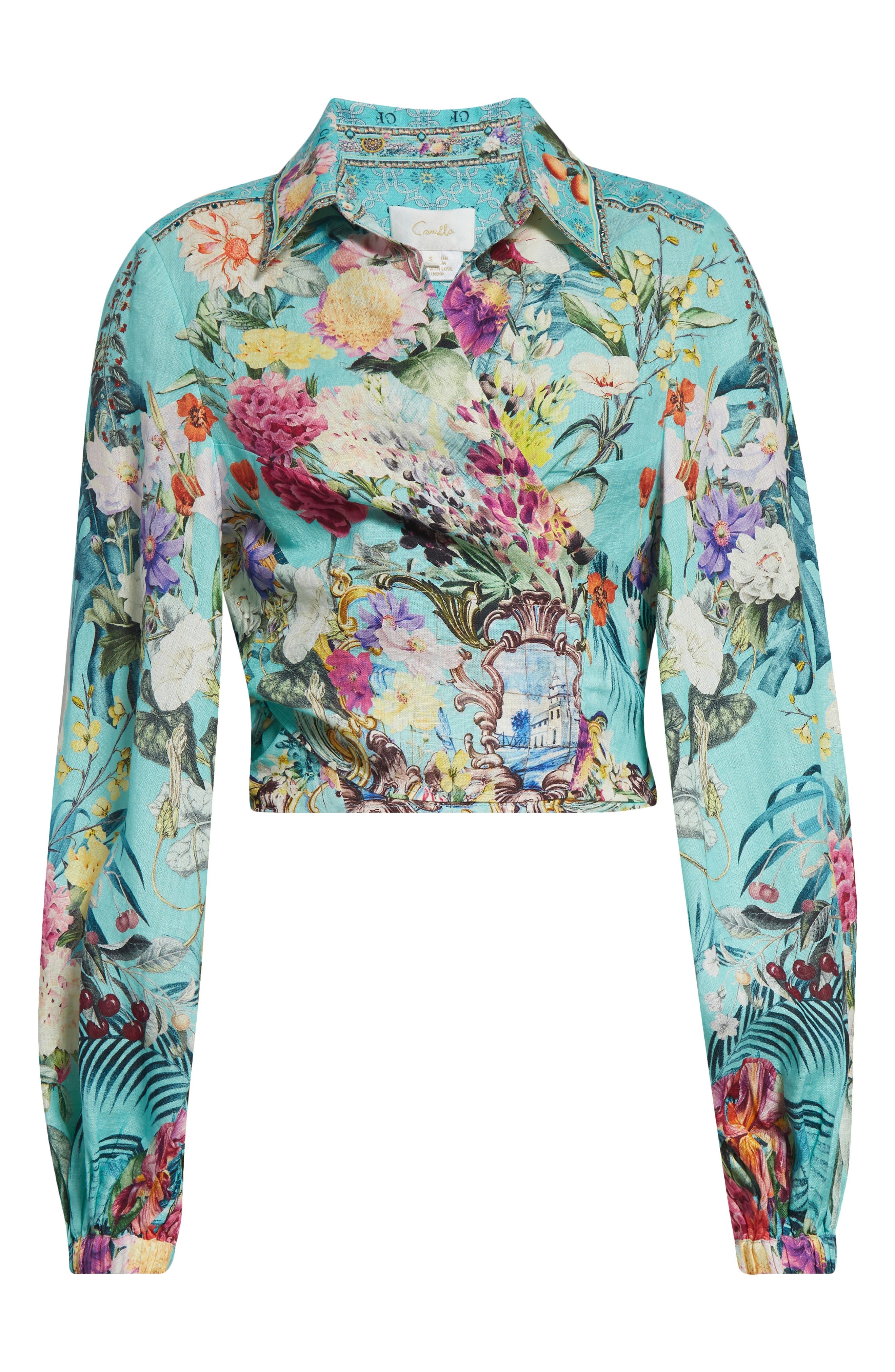 Camilla Crystal Embellished Crop Linen Wrap Shirt in Gardens Of Queluz at Nordstrom - 6