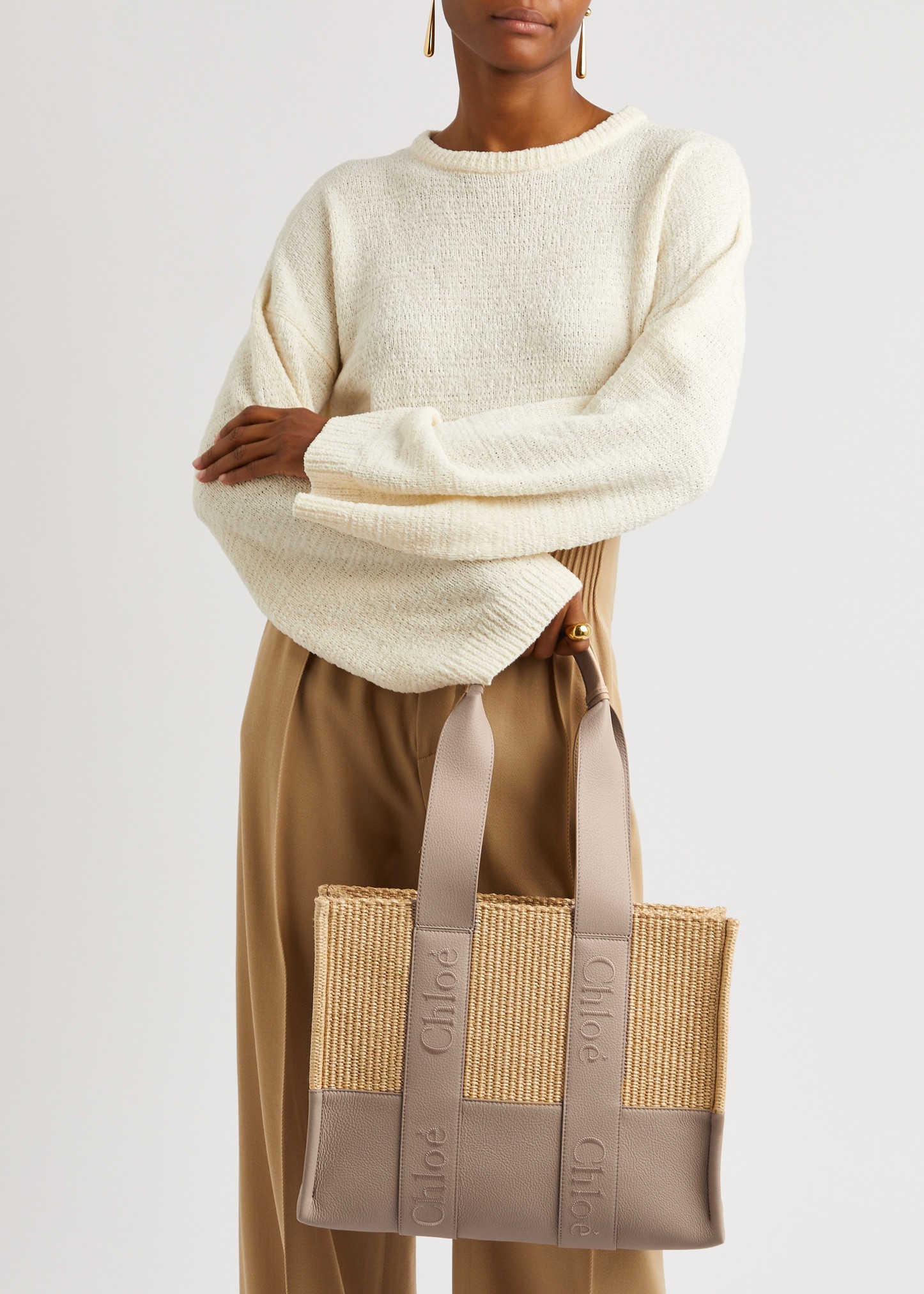 Woody leather and raffia tote - 5