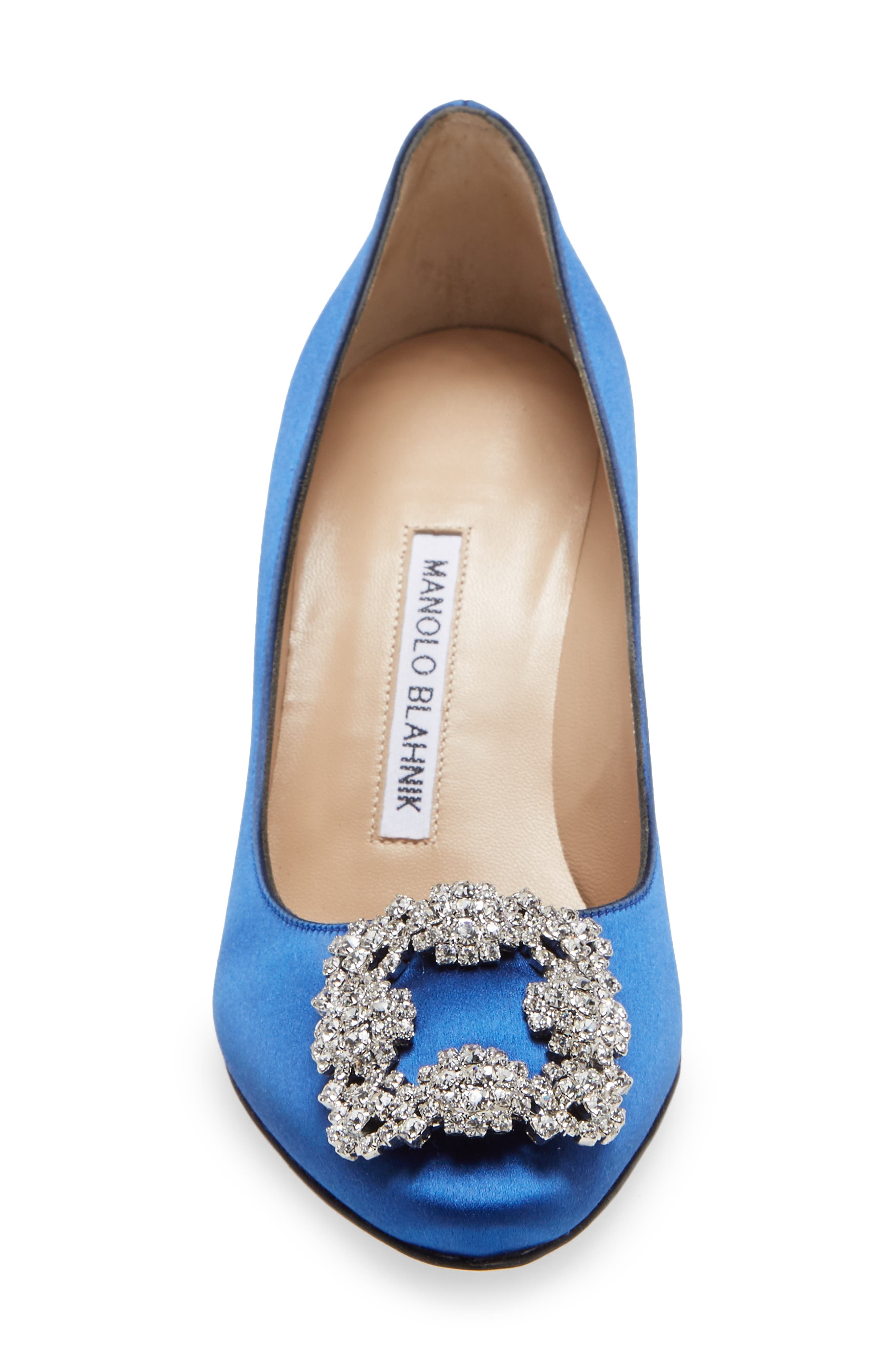 Manolo Blahnik Hangisi 70mm Crystal Buckle Pump in Blue Satin Clear/Buckle at Nordstrom - 4