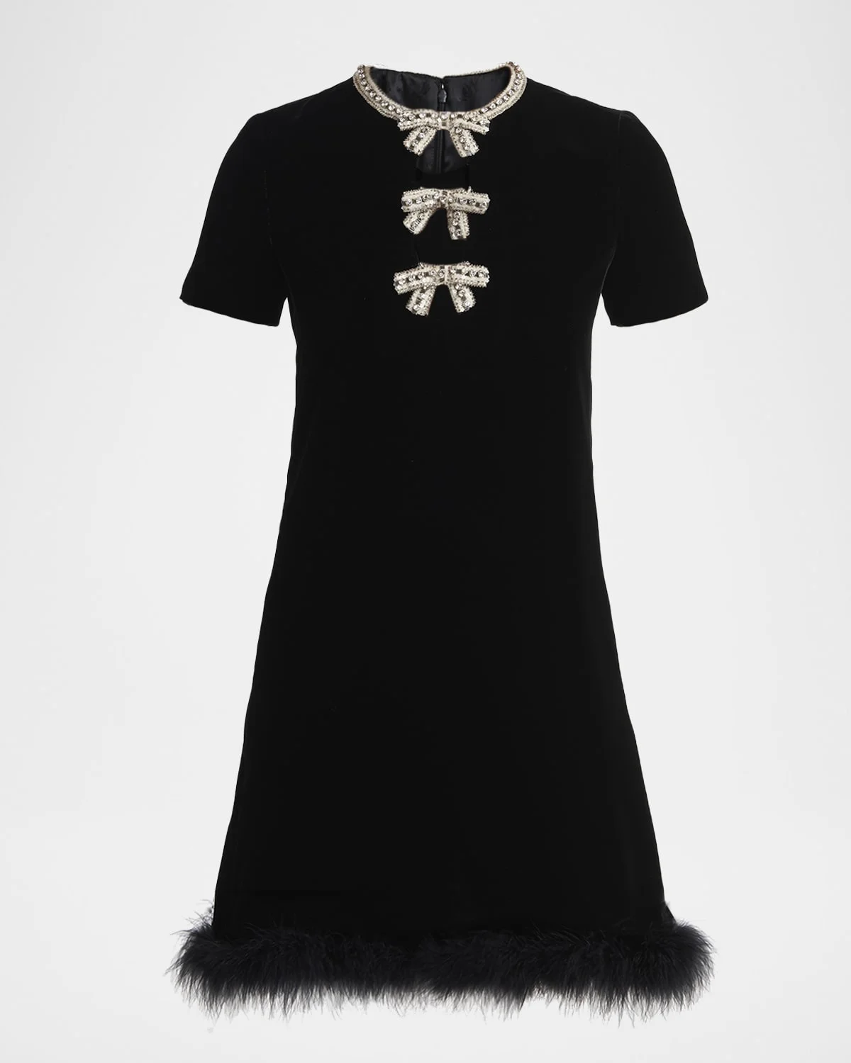 Crystal Bow Velvet Mini Dress With Feather Trim - 1
