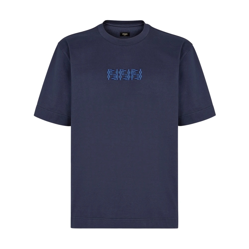 FENDI BLUE CREW-NECK T-SHIRT WITH FF LABYRINTH MOTIF