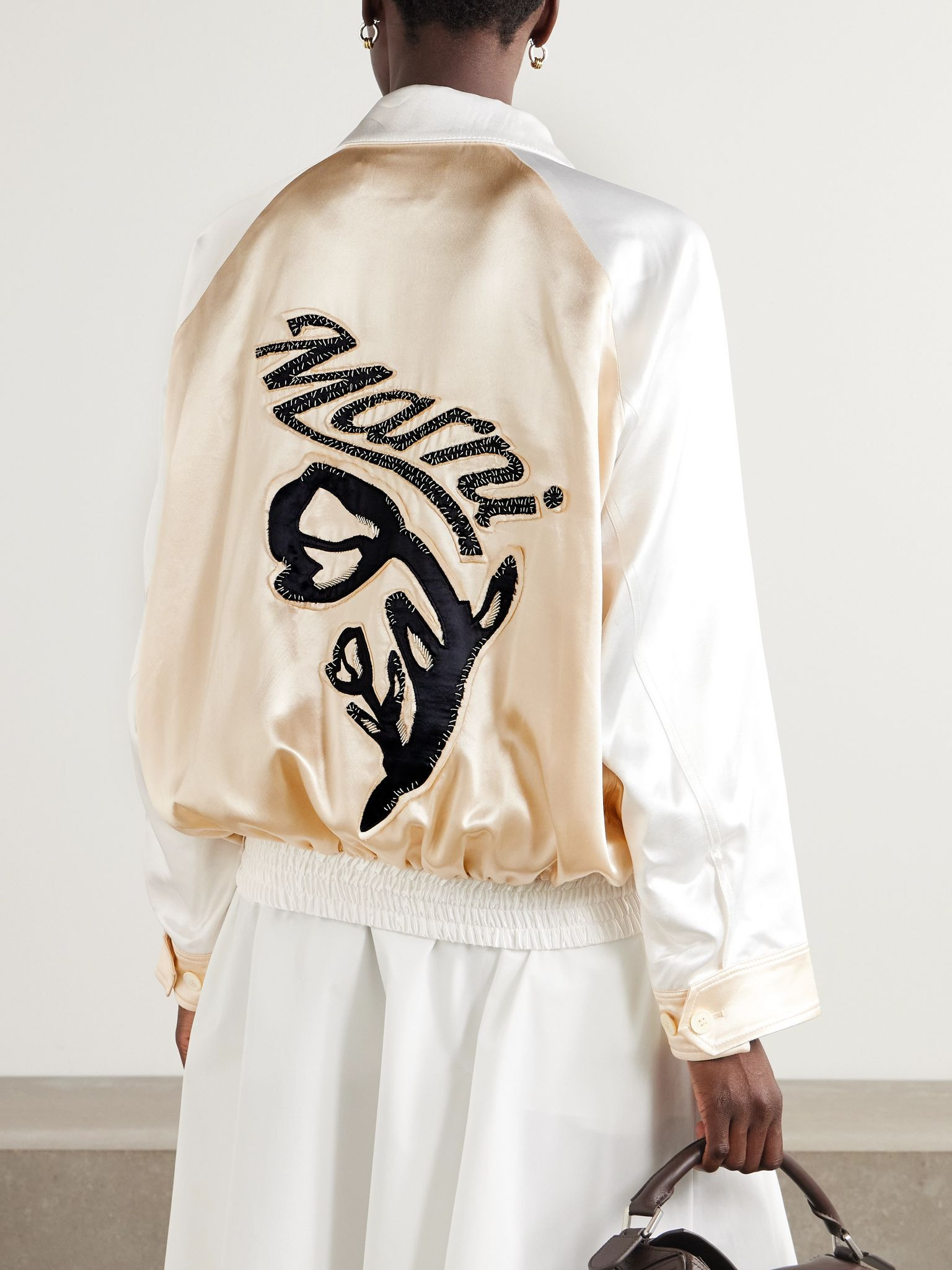 Appliquéd two-tone satin bomber jacket Ivory - 3