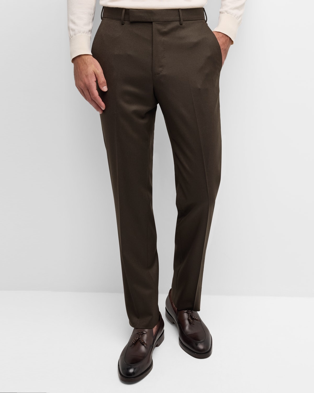 Men's Solid Pure Wool Flat-Front Pants - 5