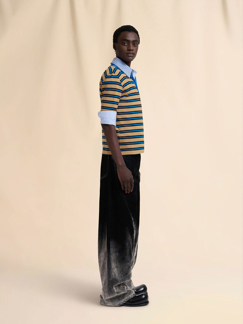 BROWN AND BLUE STRIPED WOOL POLO SHIRT - 5