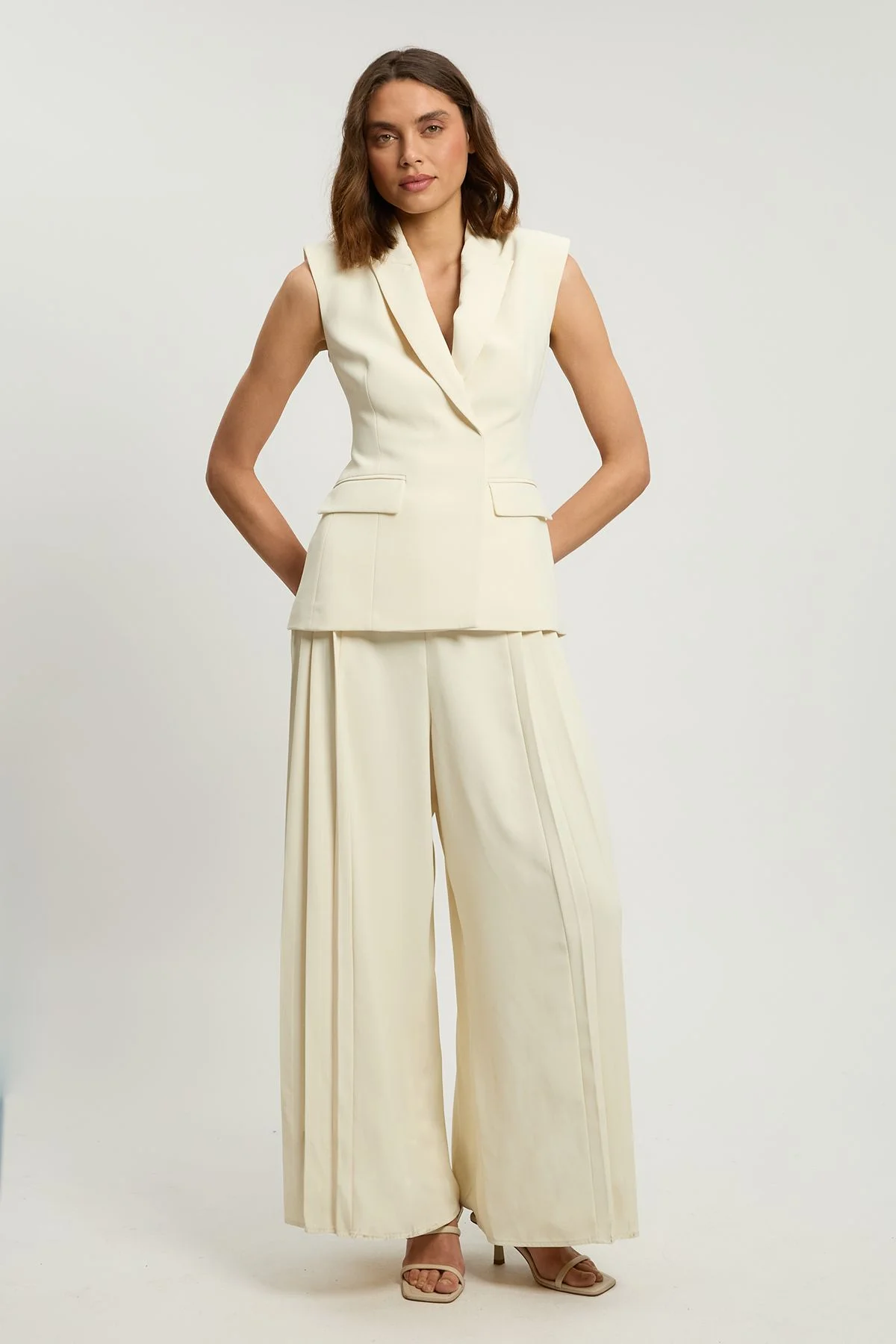 Petite Tailored Crepe Asymmetric Pleat Wide Leg Jumpsuit - 1