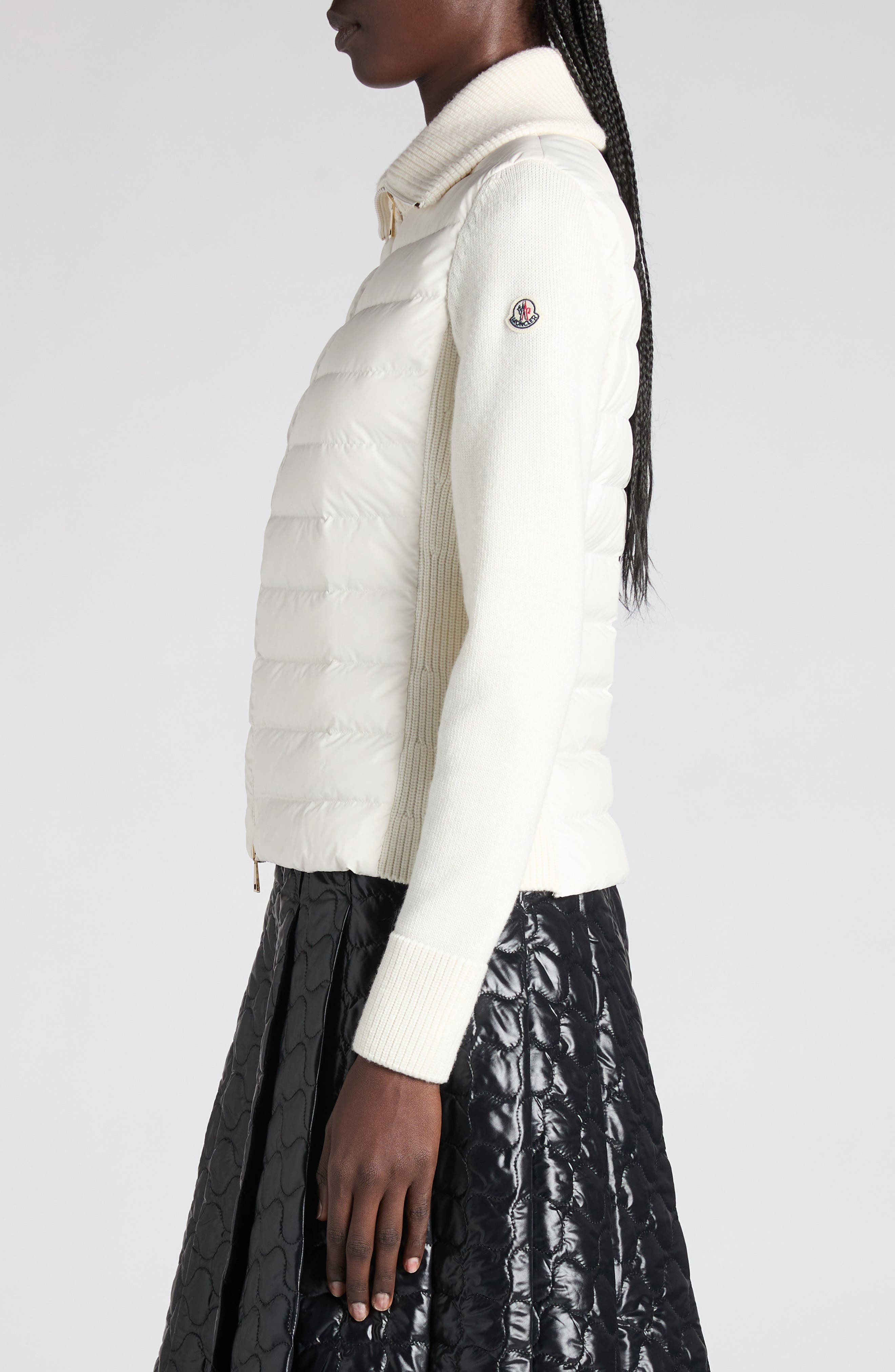 Moncler Virgin Wool Knit & Quilted Down Cardigan in White at Nordstrom - 4