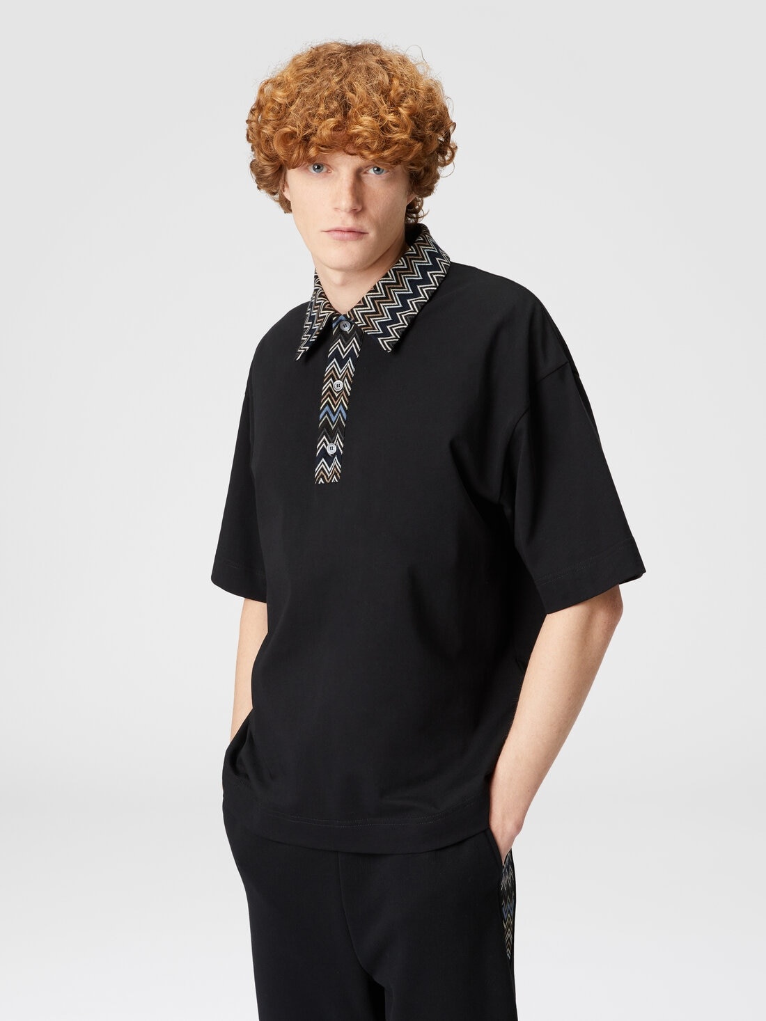Cotton jersey polo shirt with chevron knit inserts - 4