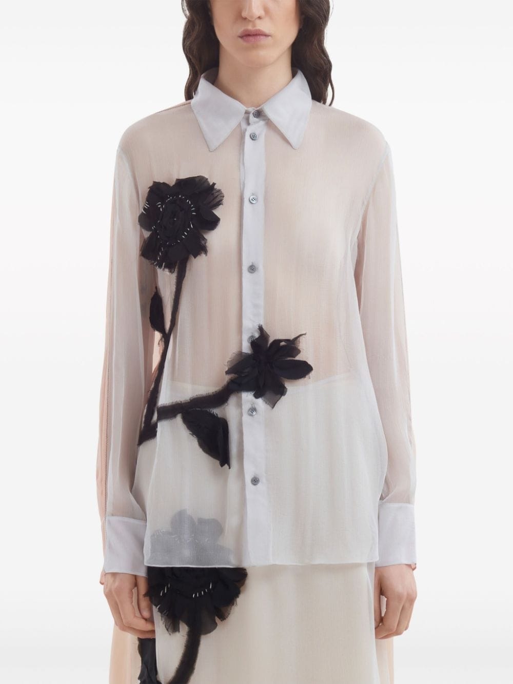 floral-tulle-applique silk shirt - 3