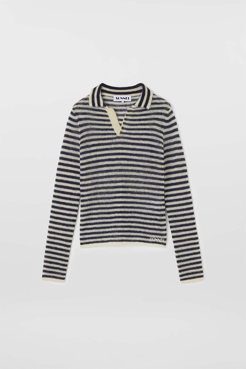 STRIPED MOHAIR POLO / off white & deep blue stripes 1