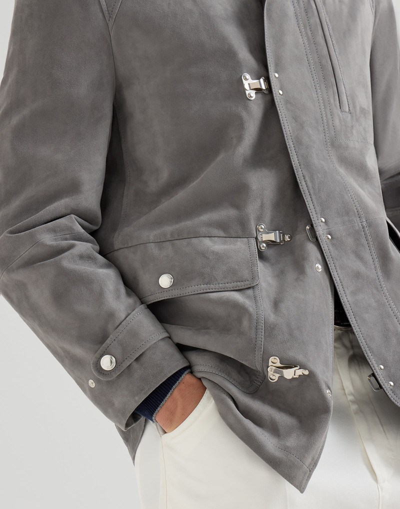 Suede outerwear jacket with hook fastening 4
