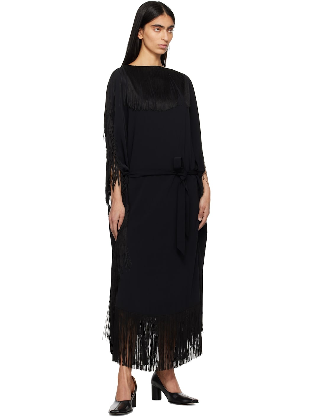 Black Fluid Fringe Midi Dress - 4
