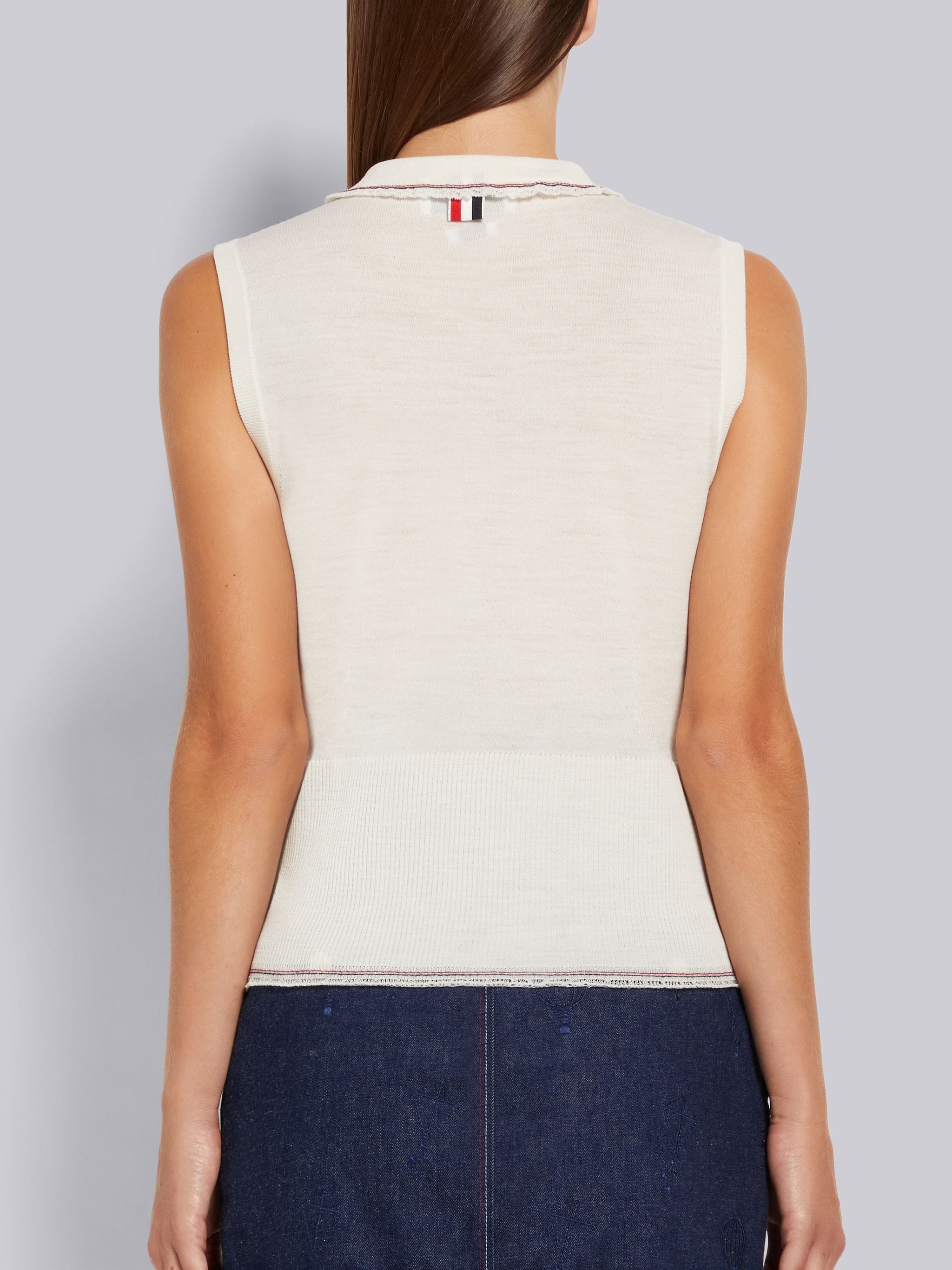 White Lightweight Wool Crepe Stripe Ruffle Trim Chest Pocket Shell Top - 3
