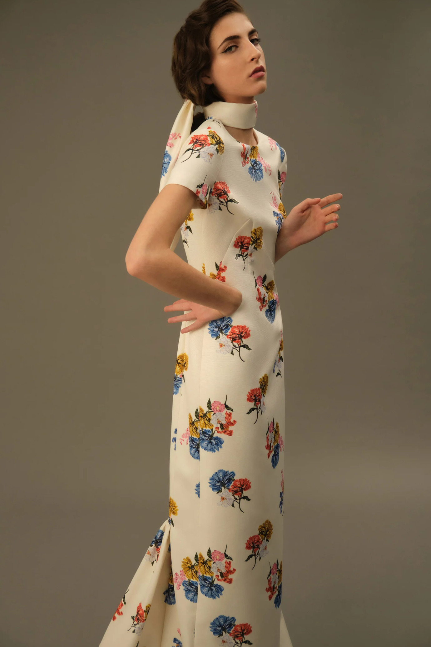 FOSETTE DRESS IN RETRO BOUQUET ON WHITE TAFFETA FAILLE - 5