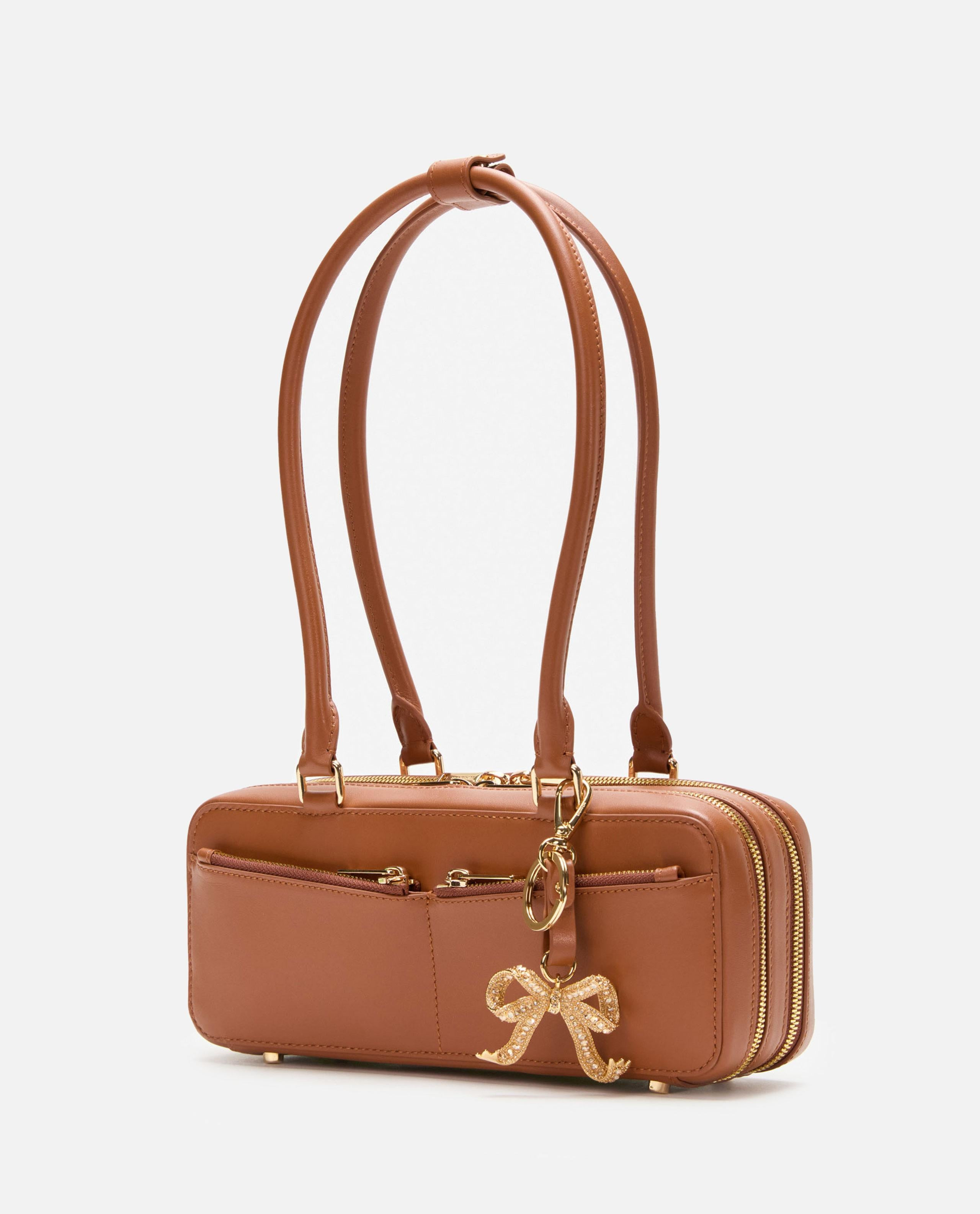 TAN LEATHER BAGUETTE SHOULDER BAG WITH CHARM - 2