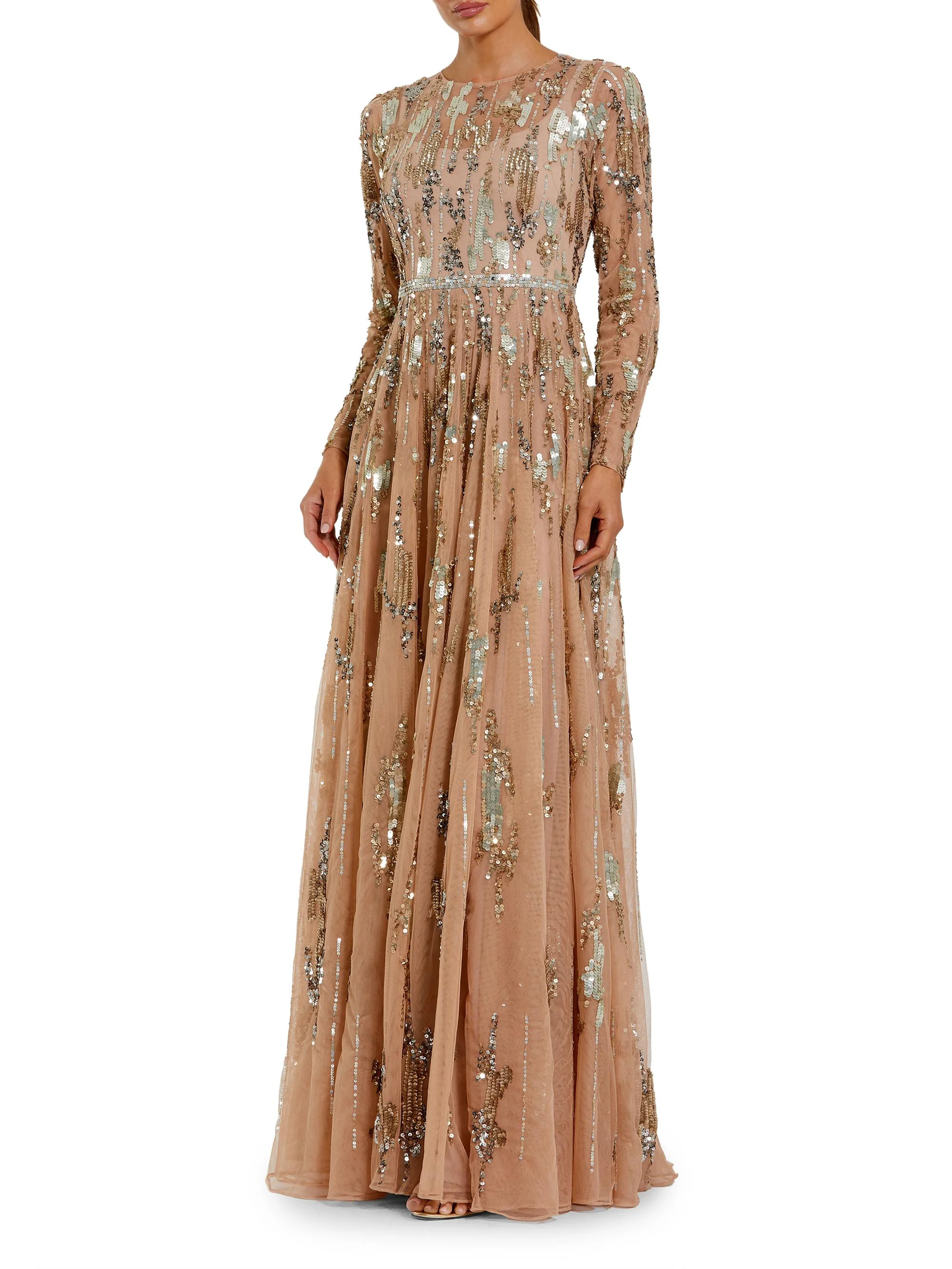Women's Evening Mesh Long-Sleeve Gown - Taupe - 1