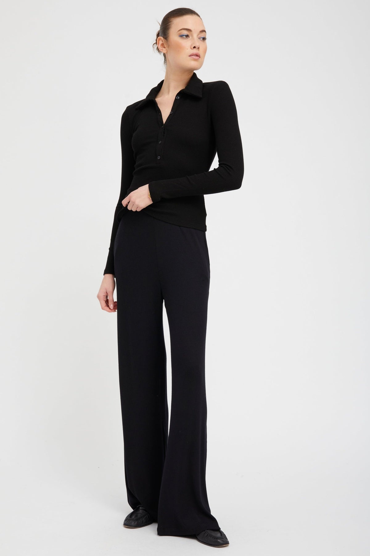 BLACK RIB LONG SLEEVE POLO TOP - 3