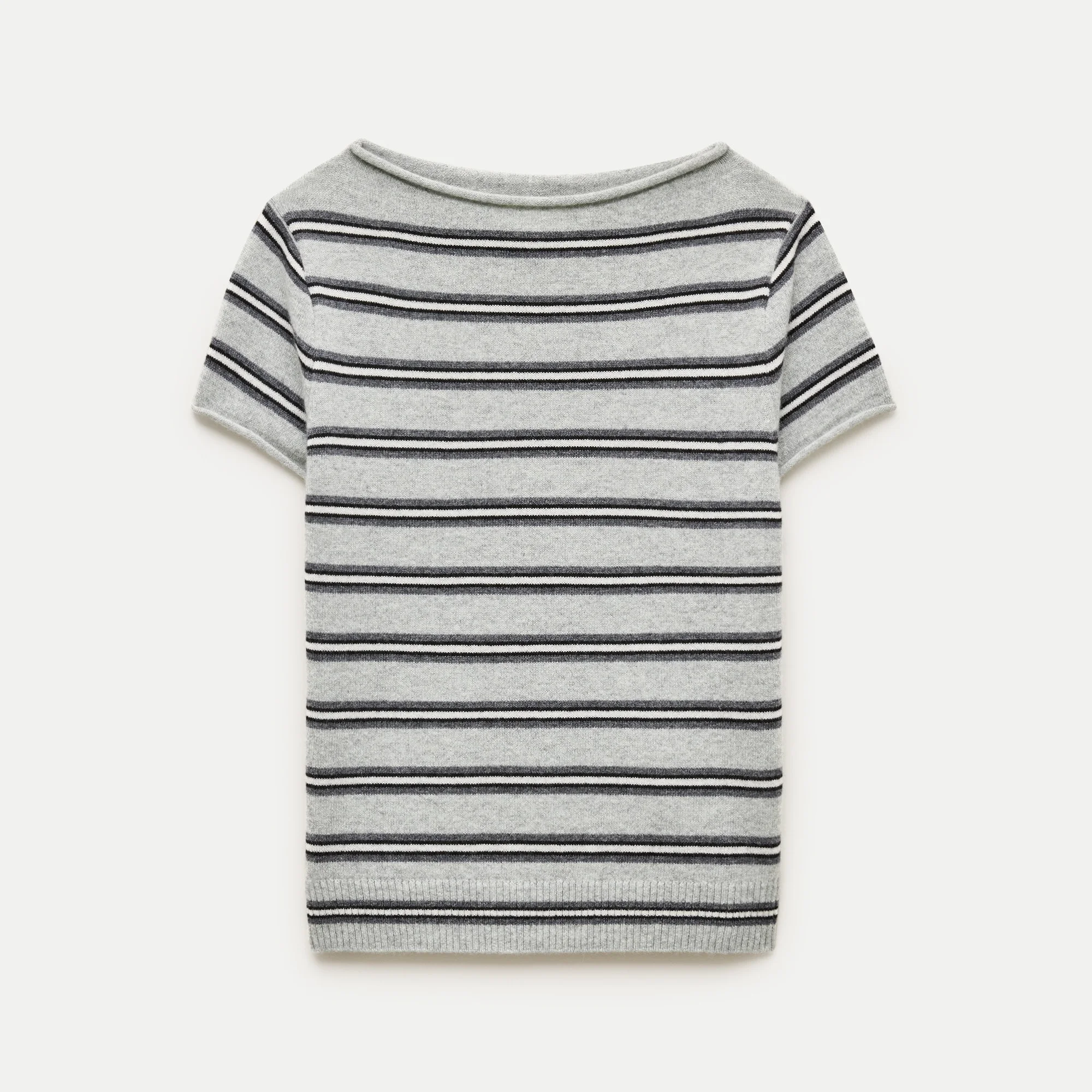 Rolled cashmere boatneck sweater-tee in stripe - 1