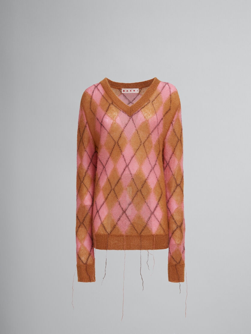 ORANGE MOHAIR ARGYLE JUMPER WITH FLOATING THREADS - 1