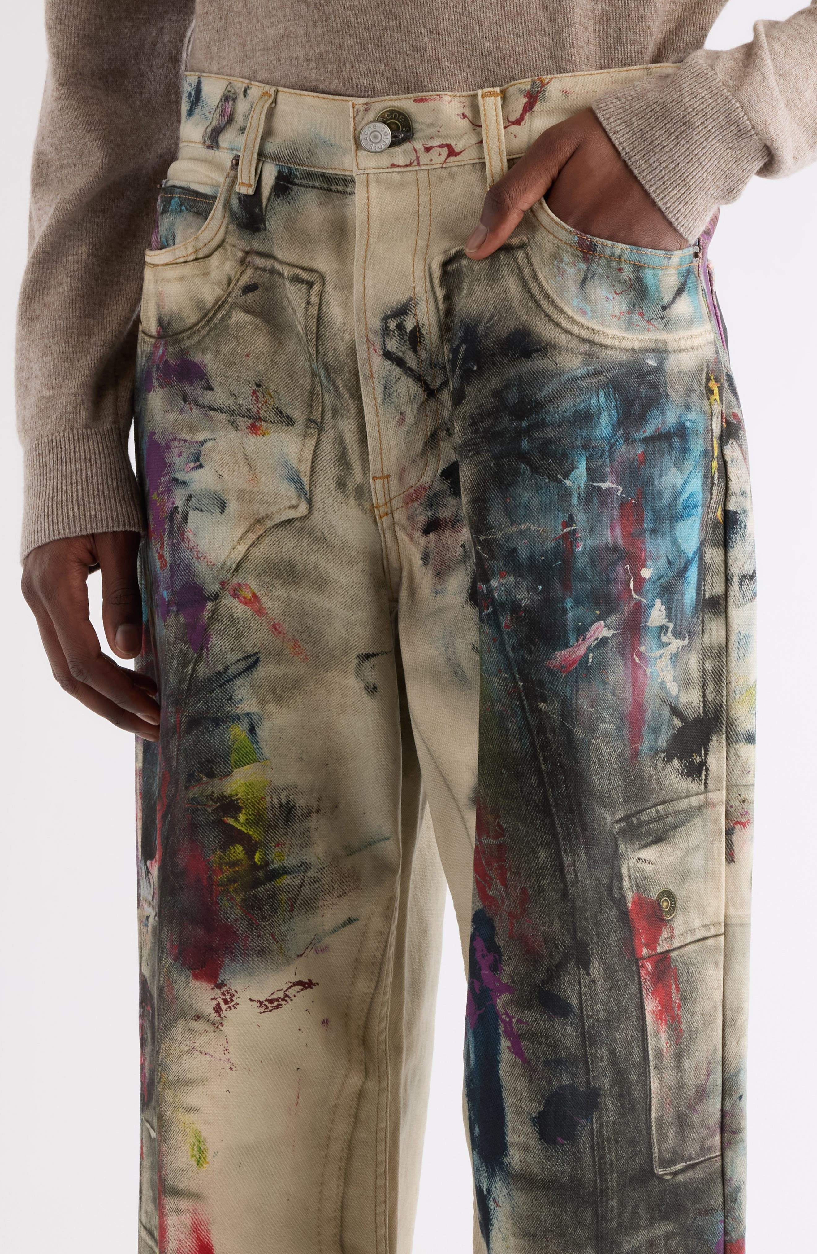 Acne Studios 1981 Paint Print Trompe l'Oeil Wide Leg Jeans in White/Multi at Nordstrom - 5