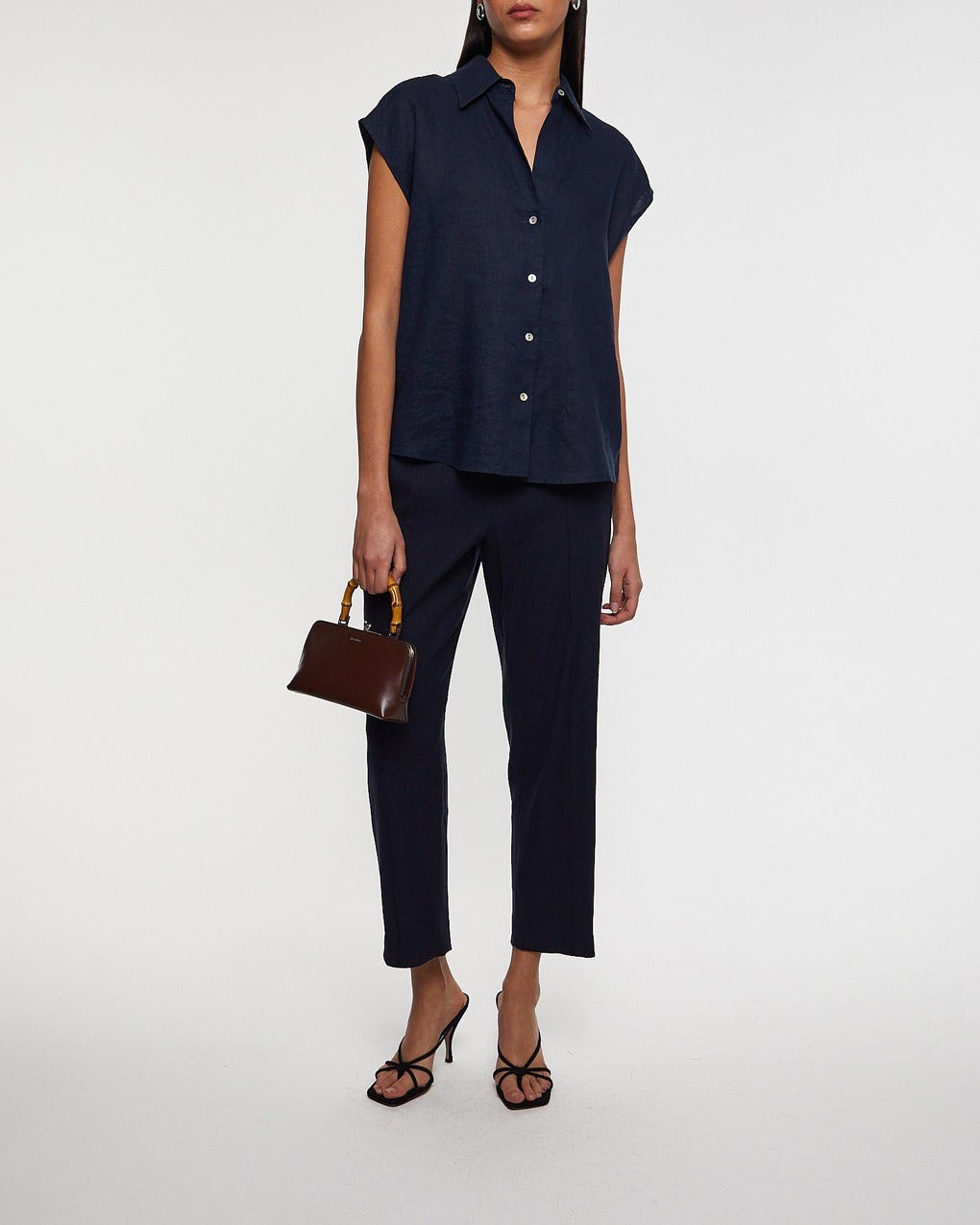 Blouse Linen Cap-Sleeve Button-Front Blue - 3