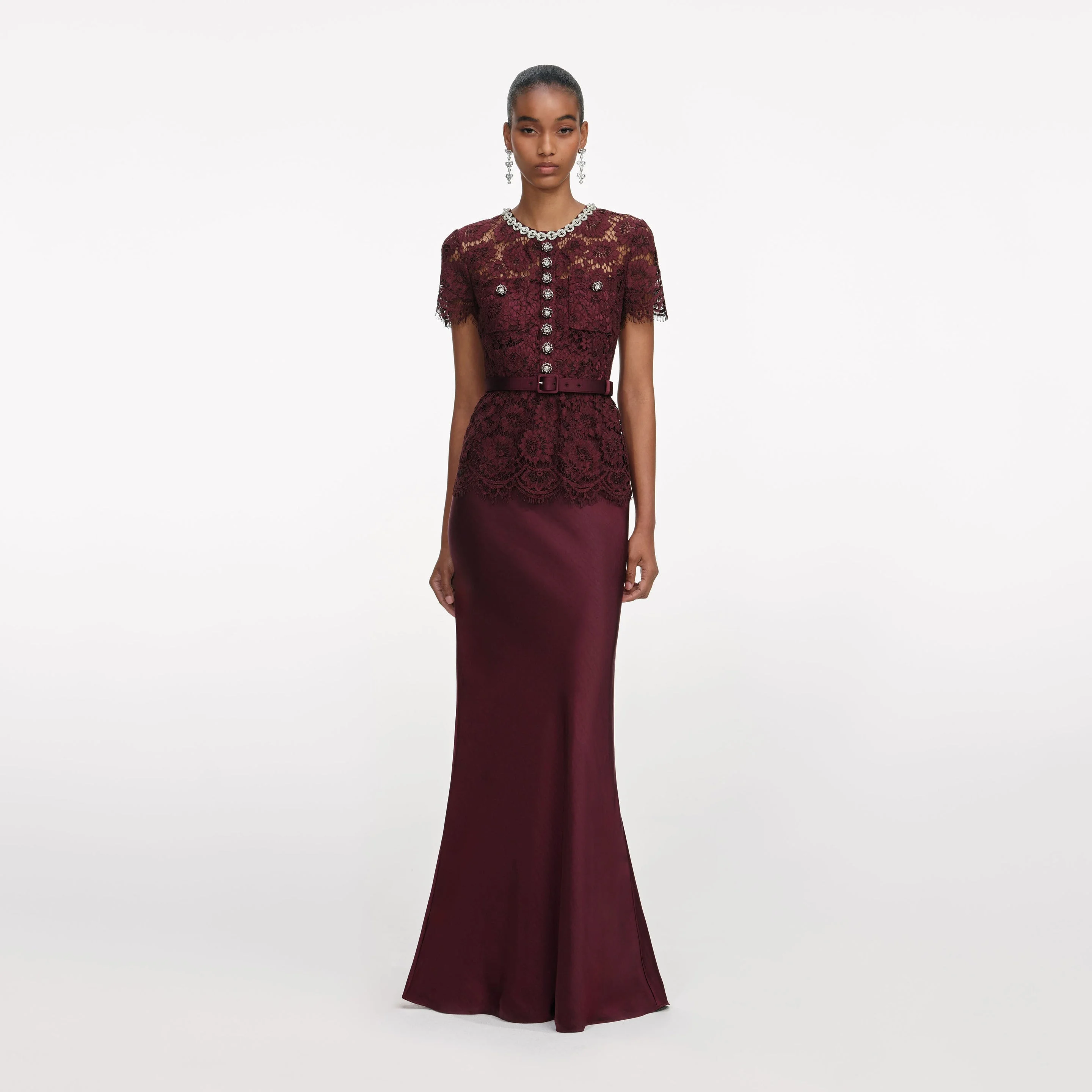 Bordeaux Lace Satin Maxi Dress - 1