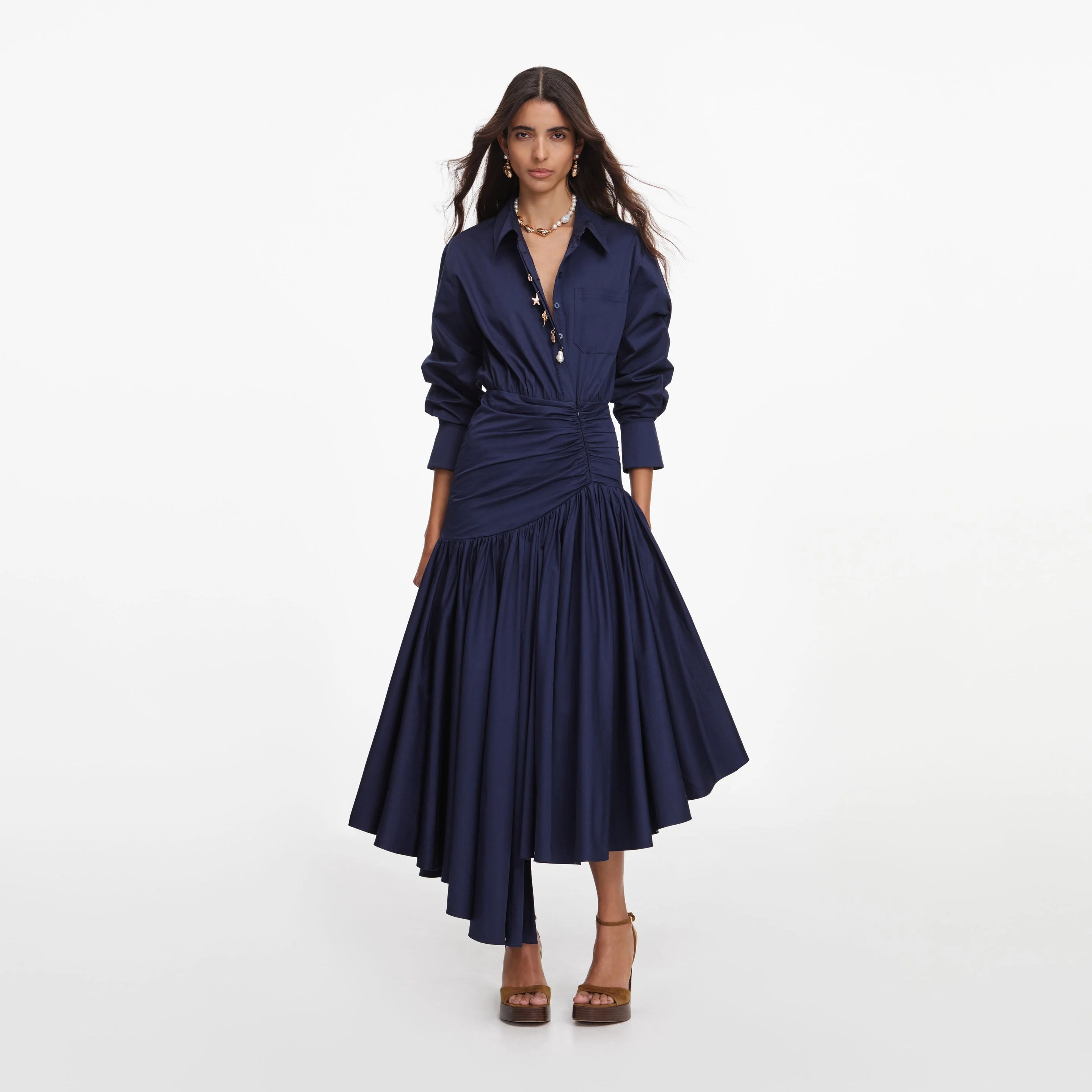 Navy Cotton Asymmetric Midi Dress - 1
