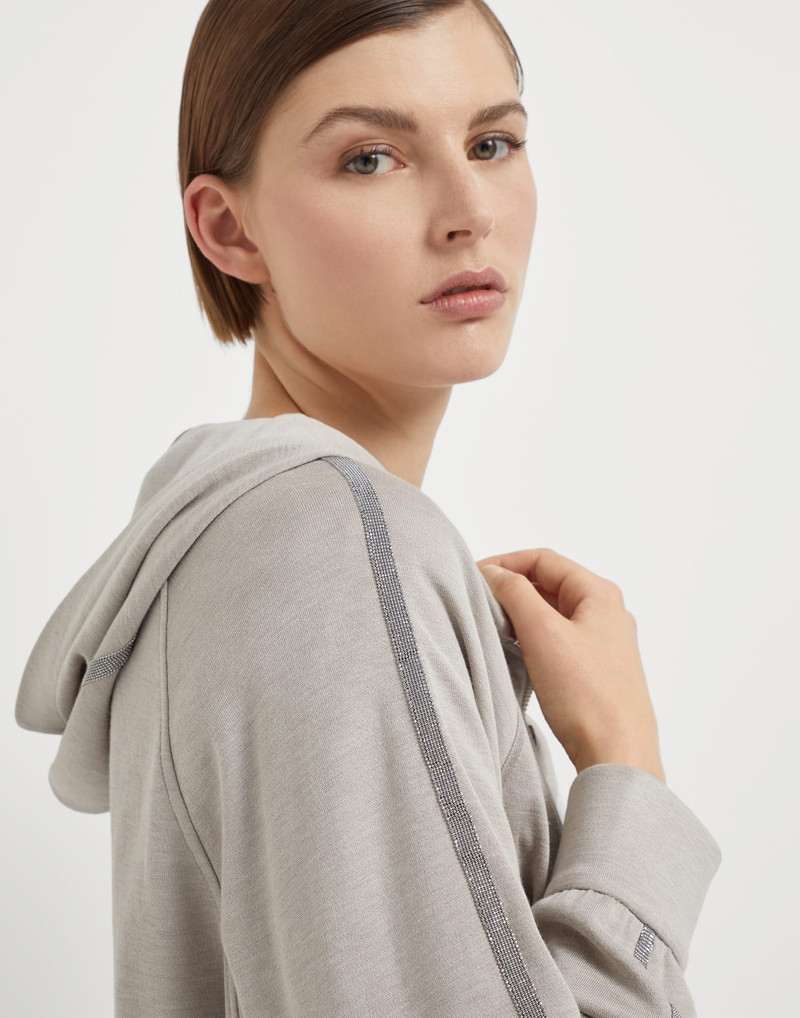 Cotton and silk interlock hooded sweatshirt with precious stripe 3