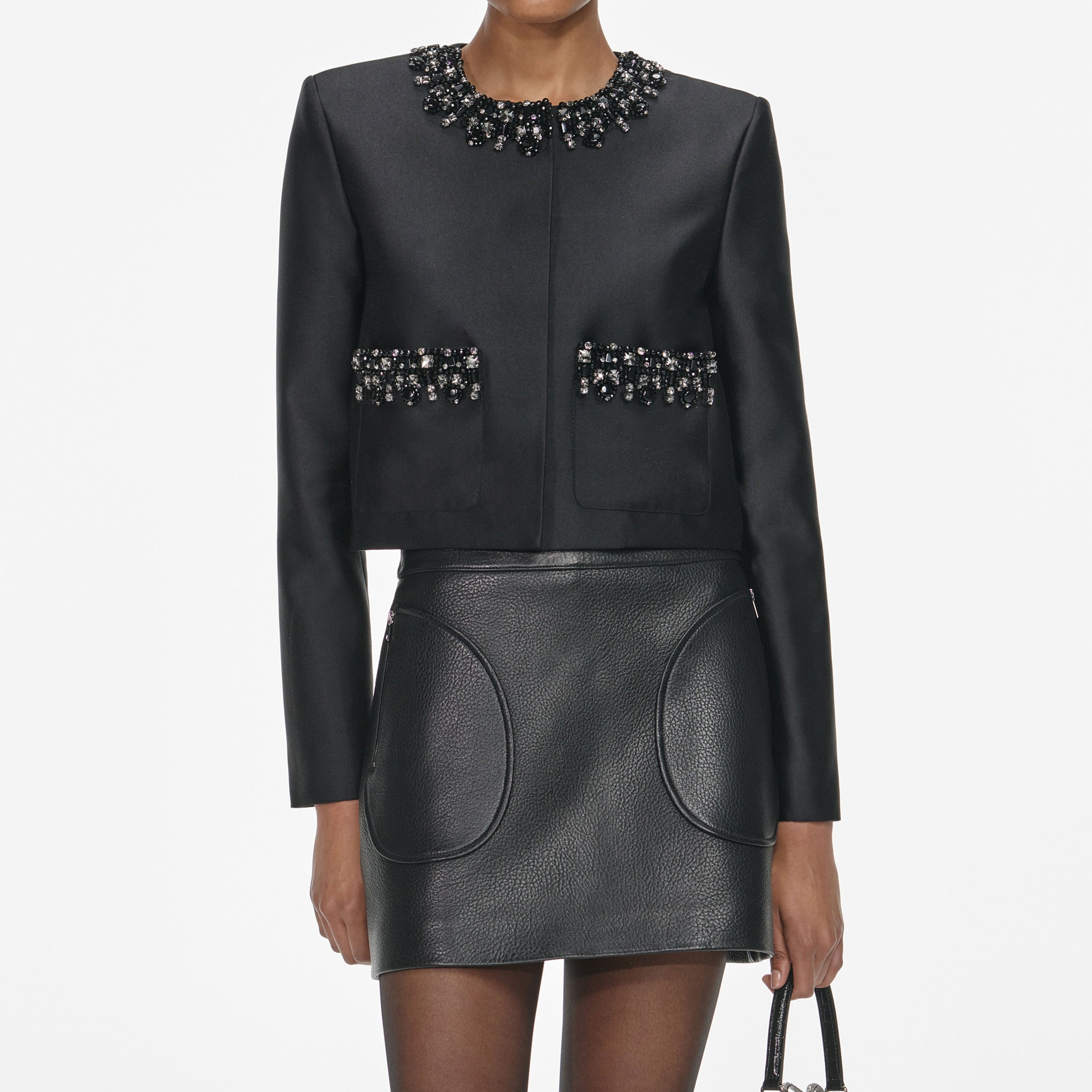 Black Taffeta Embellished Trim Jacket - 4