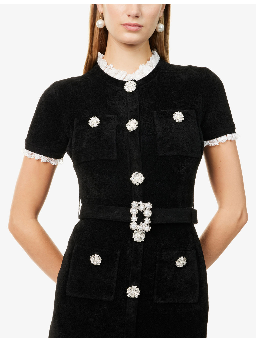 Crystal-Embellished Lace-Trim Chenille-Knit Midi Dress - 5