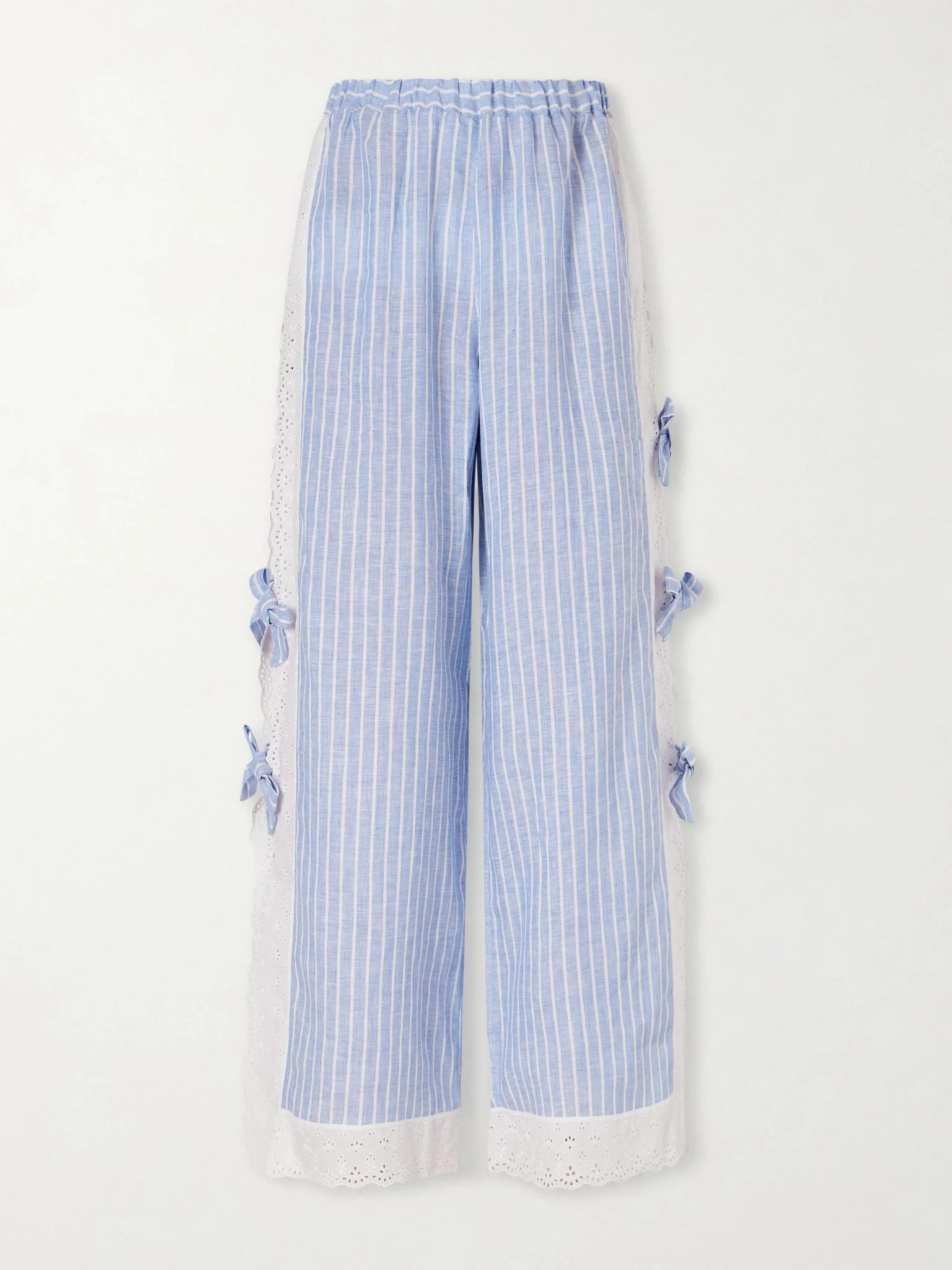 Clarissa bow-embellished striped broderie anglaise-trimmed linen straight-leg pants Blue - 1