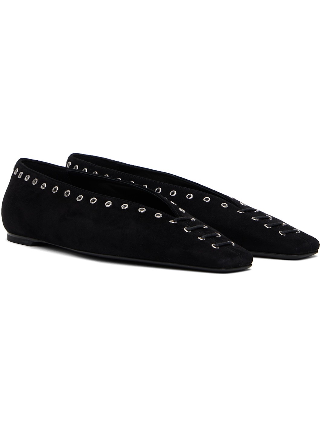 Black Suede Lace-Up Ballerina Flats - 4
