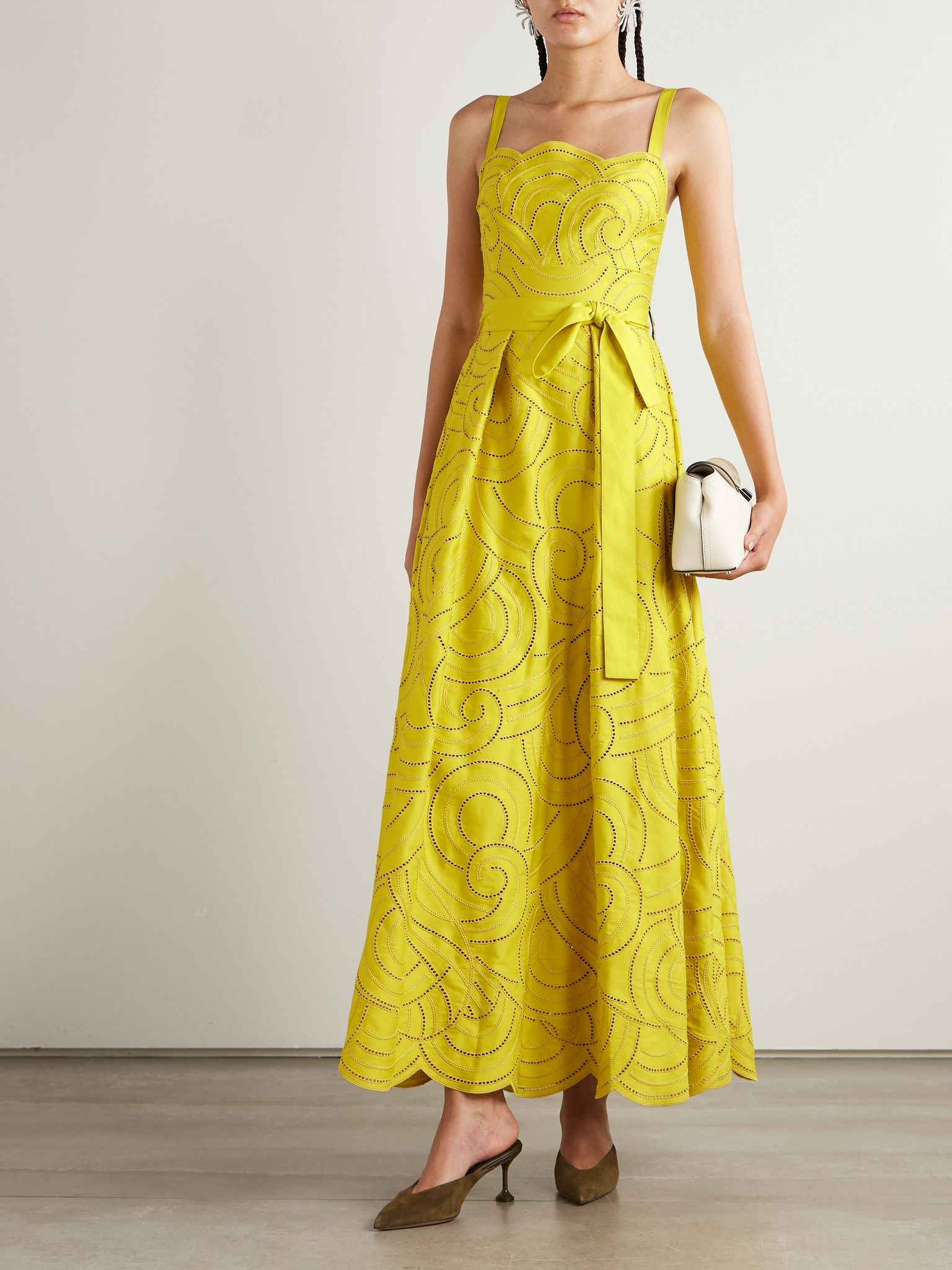 Belted pleated embroidered cotton-blend twill gown Yellow - 2