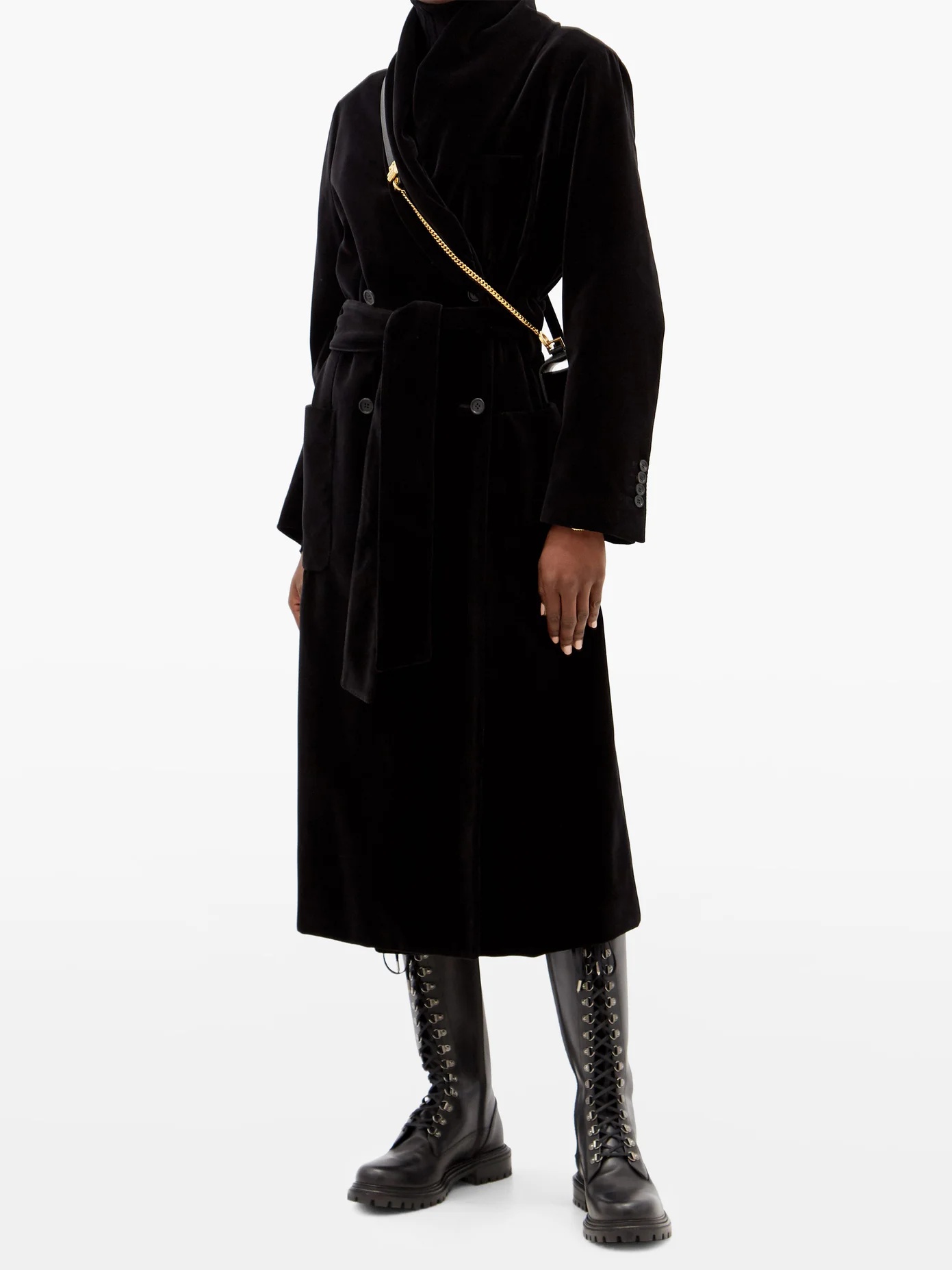 Gathered-collar waist-sash cotton-velvet coat - 2