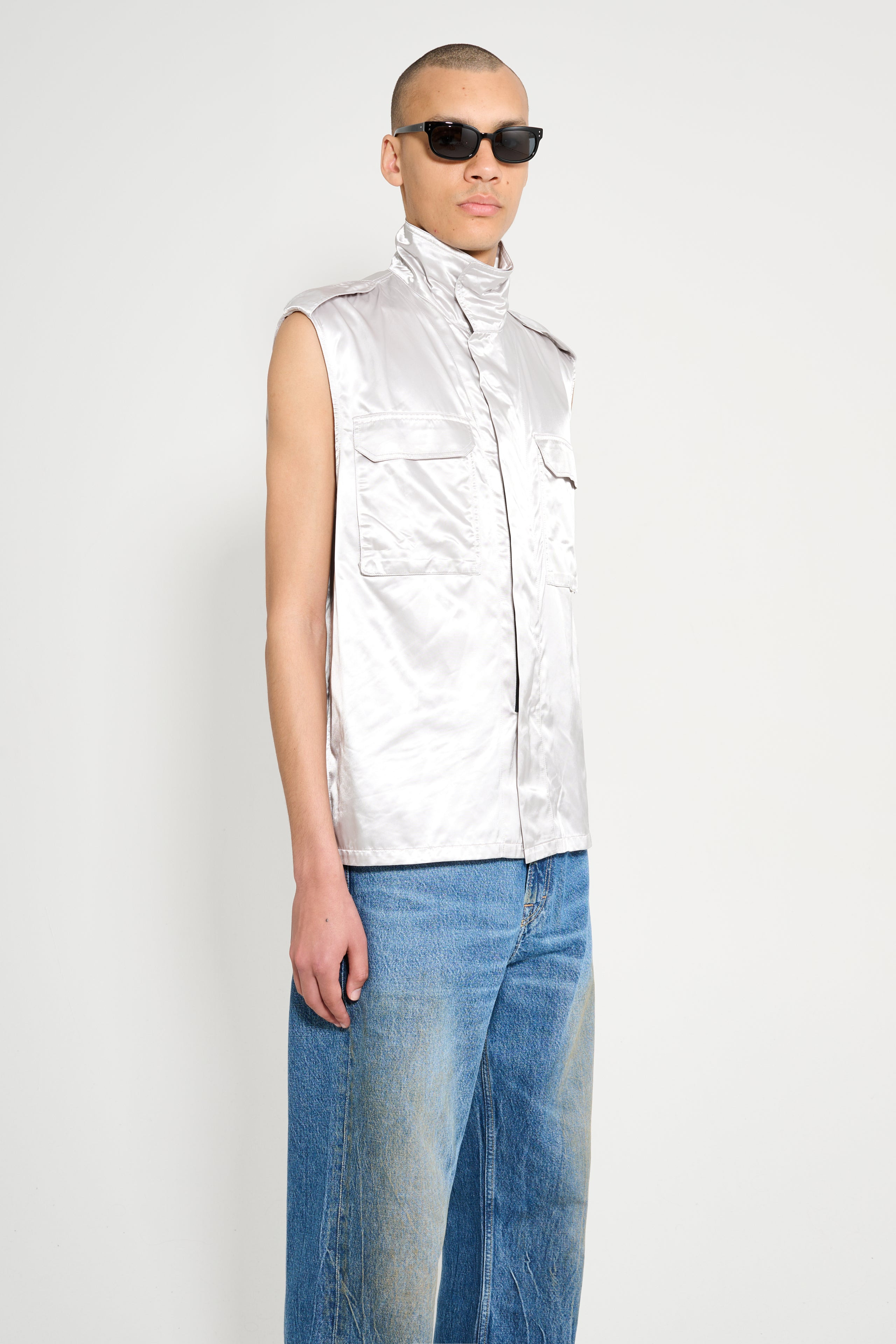 OLLY SHINDER WET LOOK NYLON SLEEVELESS OVERSHIRT SILVER - 4