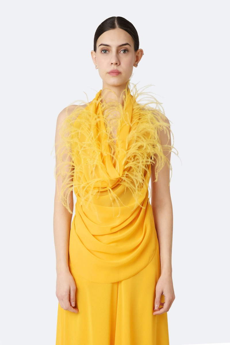 LAPOINTE Lightweight Georgette Draped Cowl Neck Top With Feathers outlook