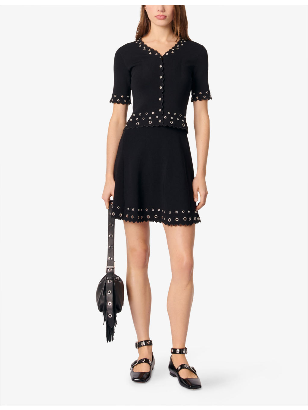 Short-Sleeved Eyelet-Embellished Knitted Top - 2
