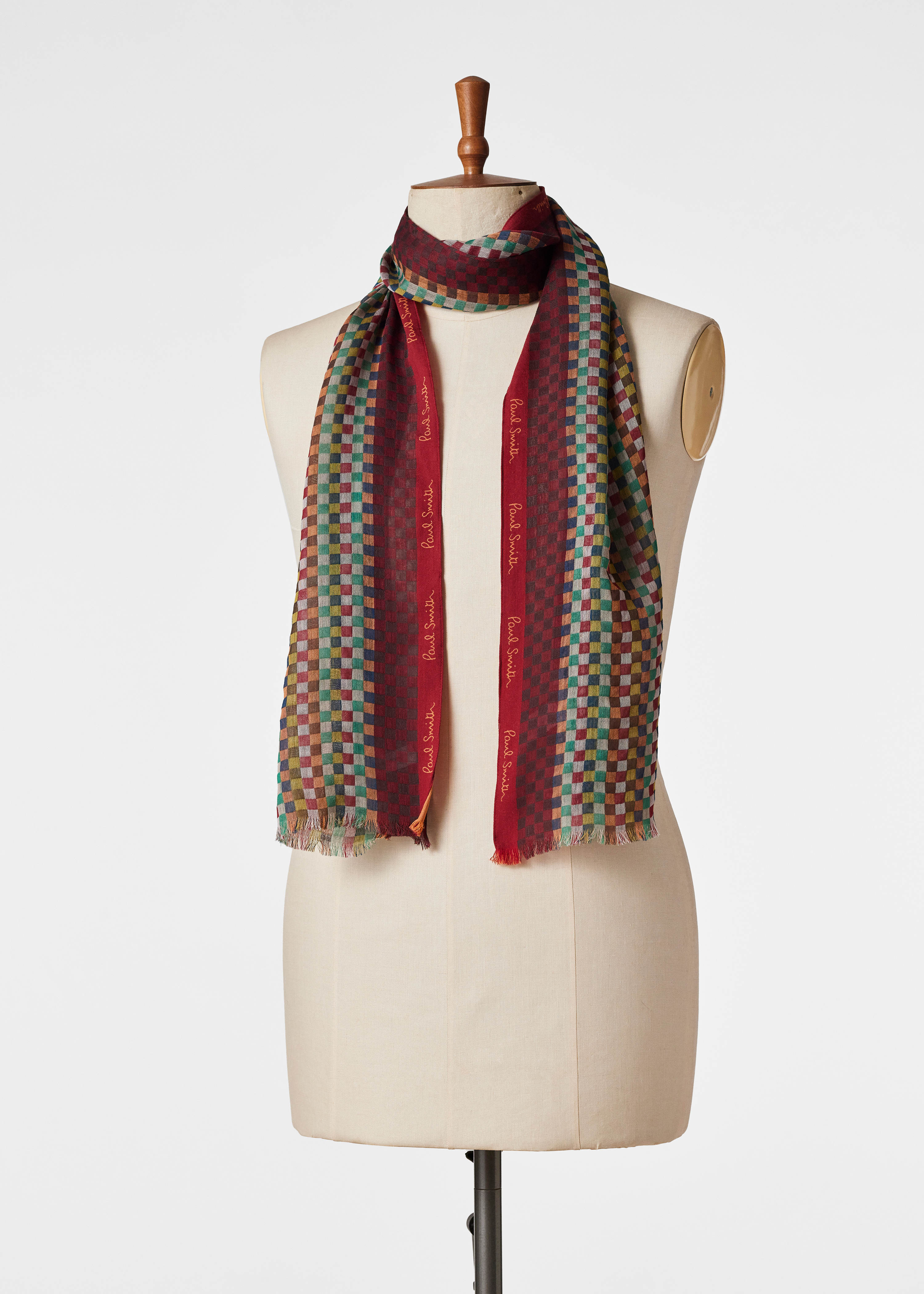 Maroon Check Merino Wool-Silk Blend Scarf - 5